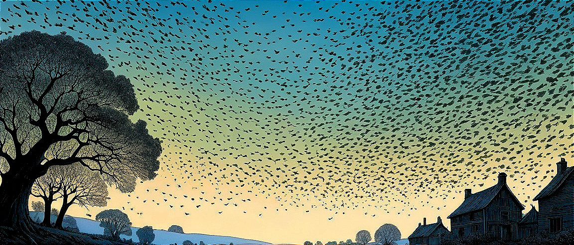 Serene Dusk Landscape with Silhouetted Tree and Birds