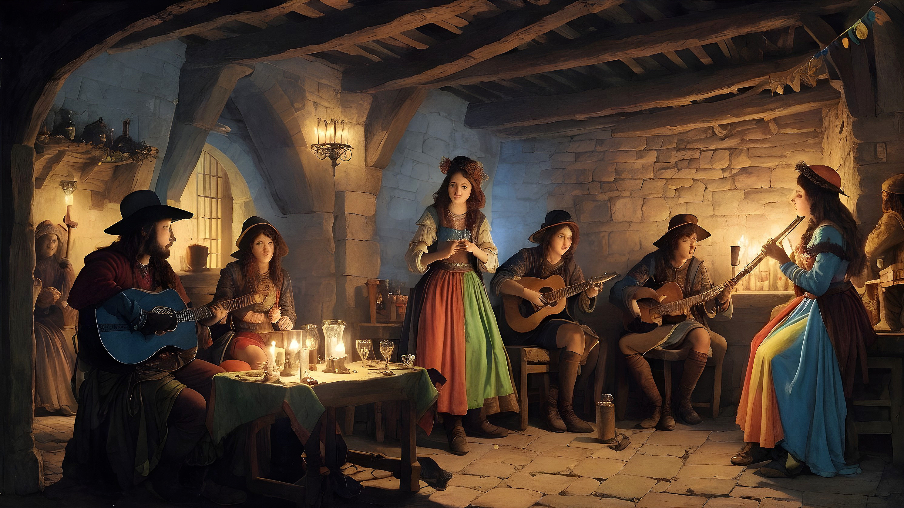 Musicians Gather in Rustic Tavern with Candlelight Atmosphere