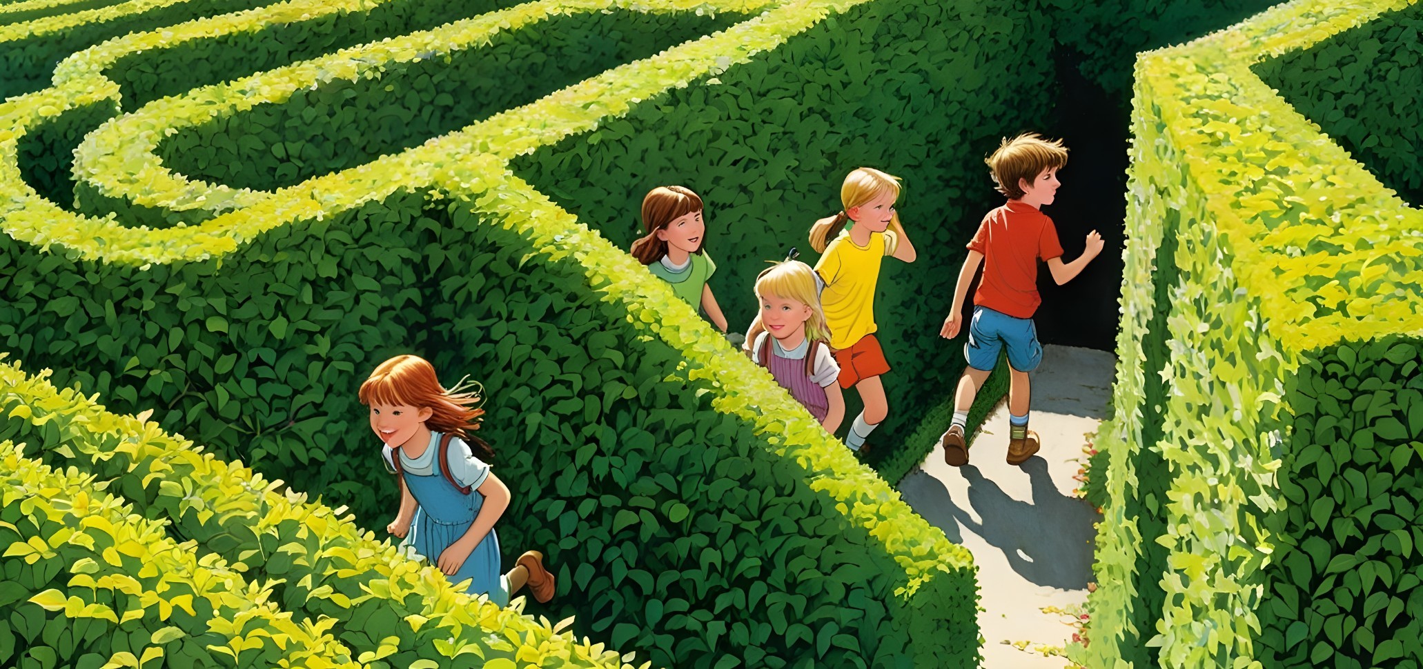 Children Exploring a Lush Green Maze Illustration