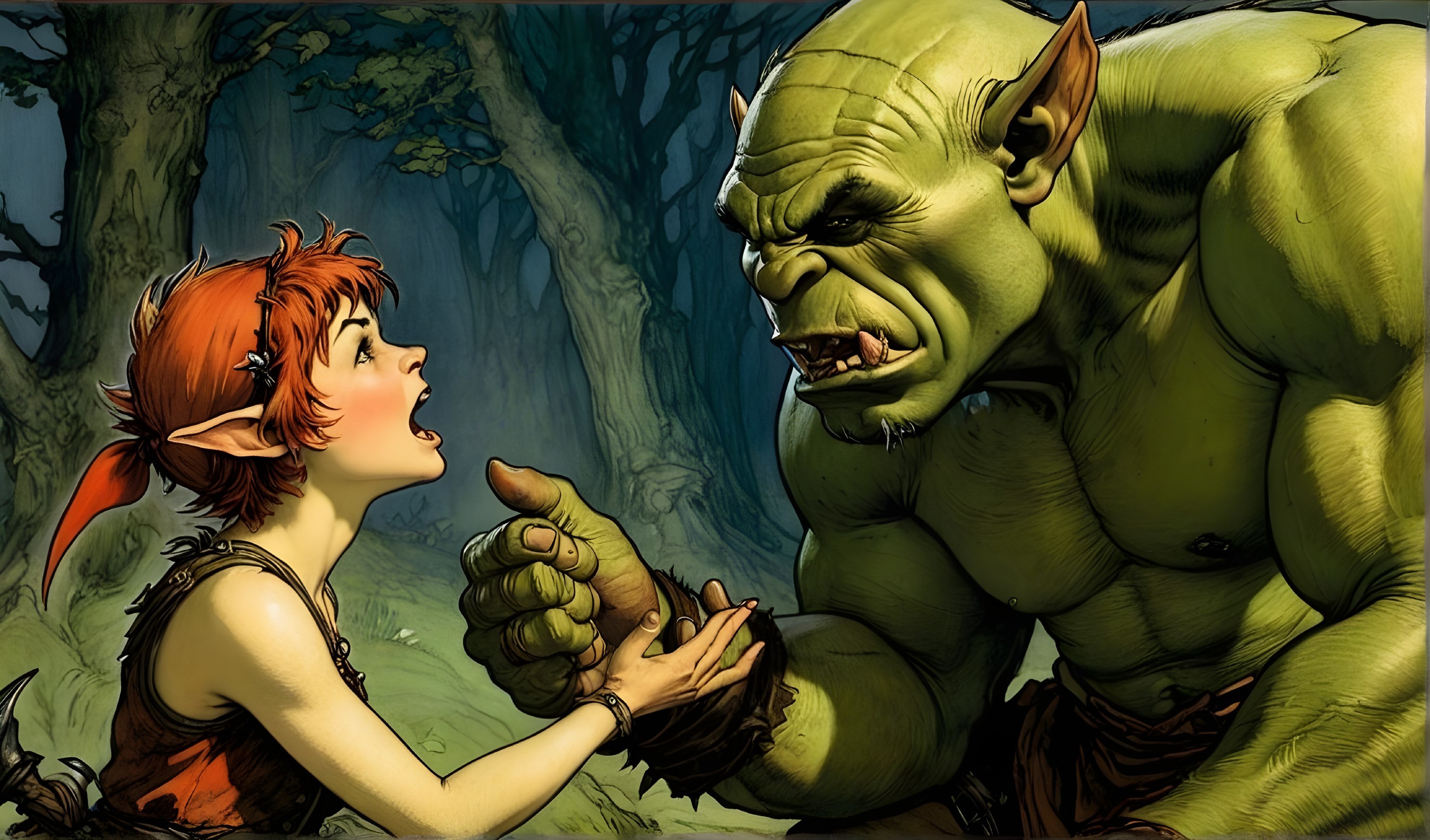 Elf Girl and Orc in a Mystical Forest Encounter