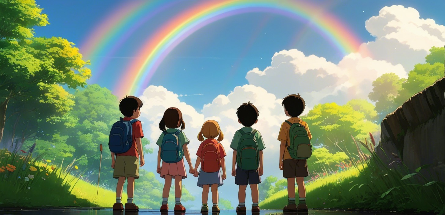 Children Admiring Double Rainbow in Lush Landscape