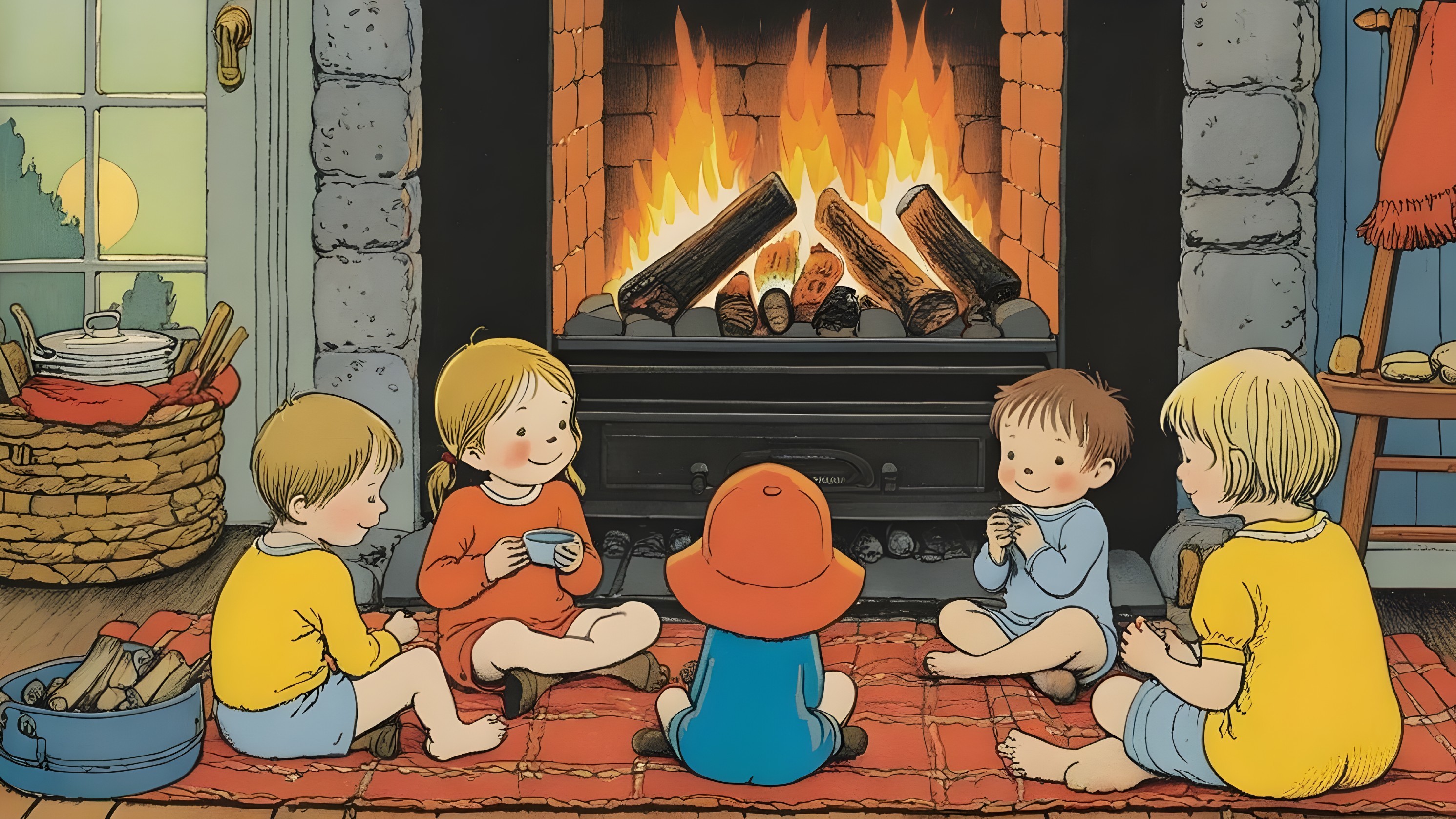 Cozy Fireplace Scene with Five Children on Rug