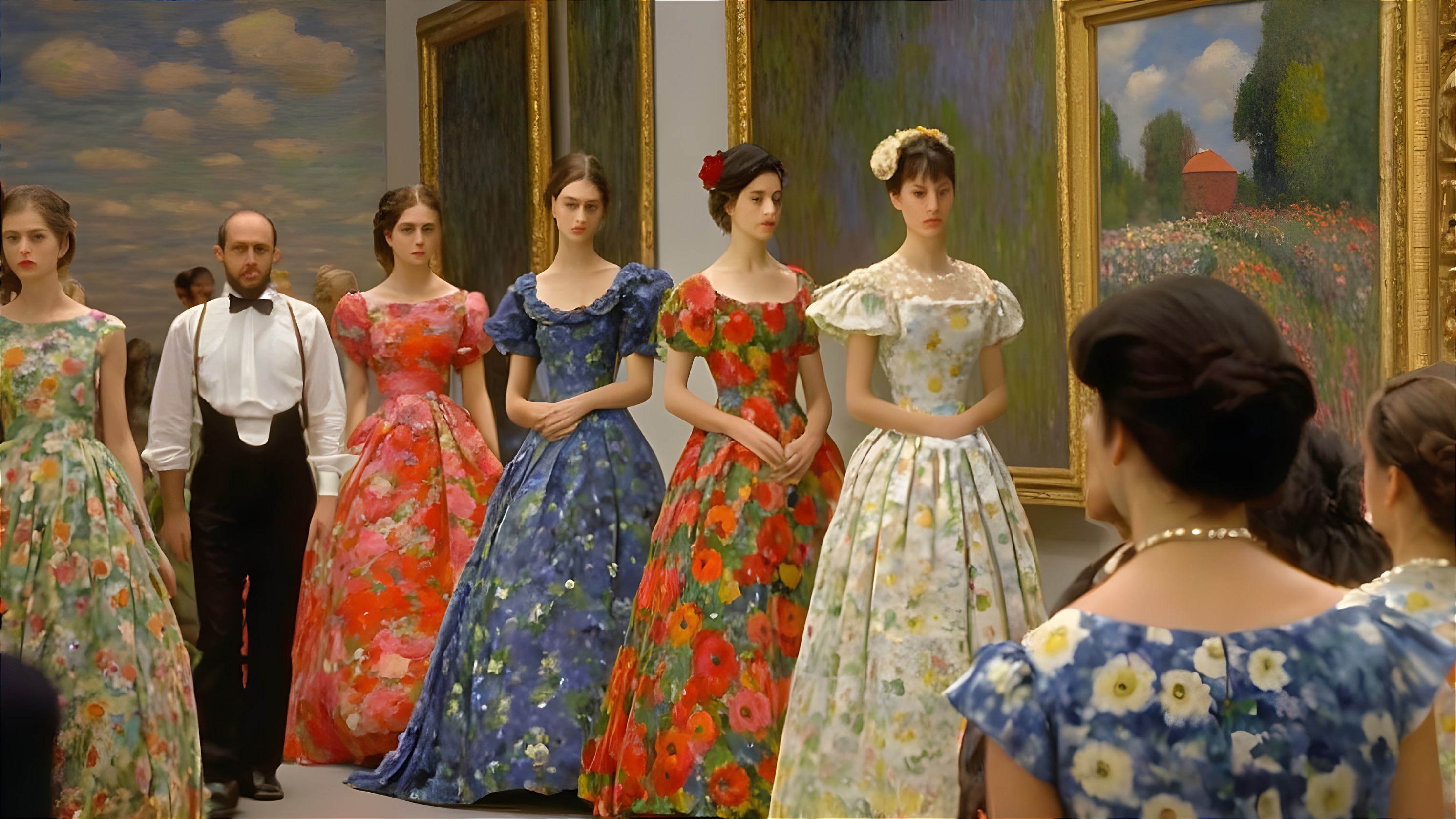 Elegant Women in Floral Gowns at Art Gallery