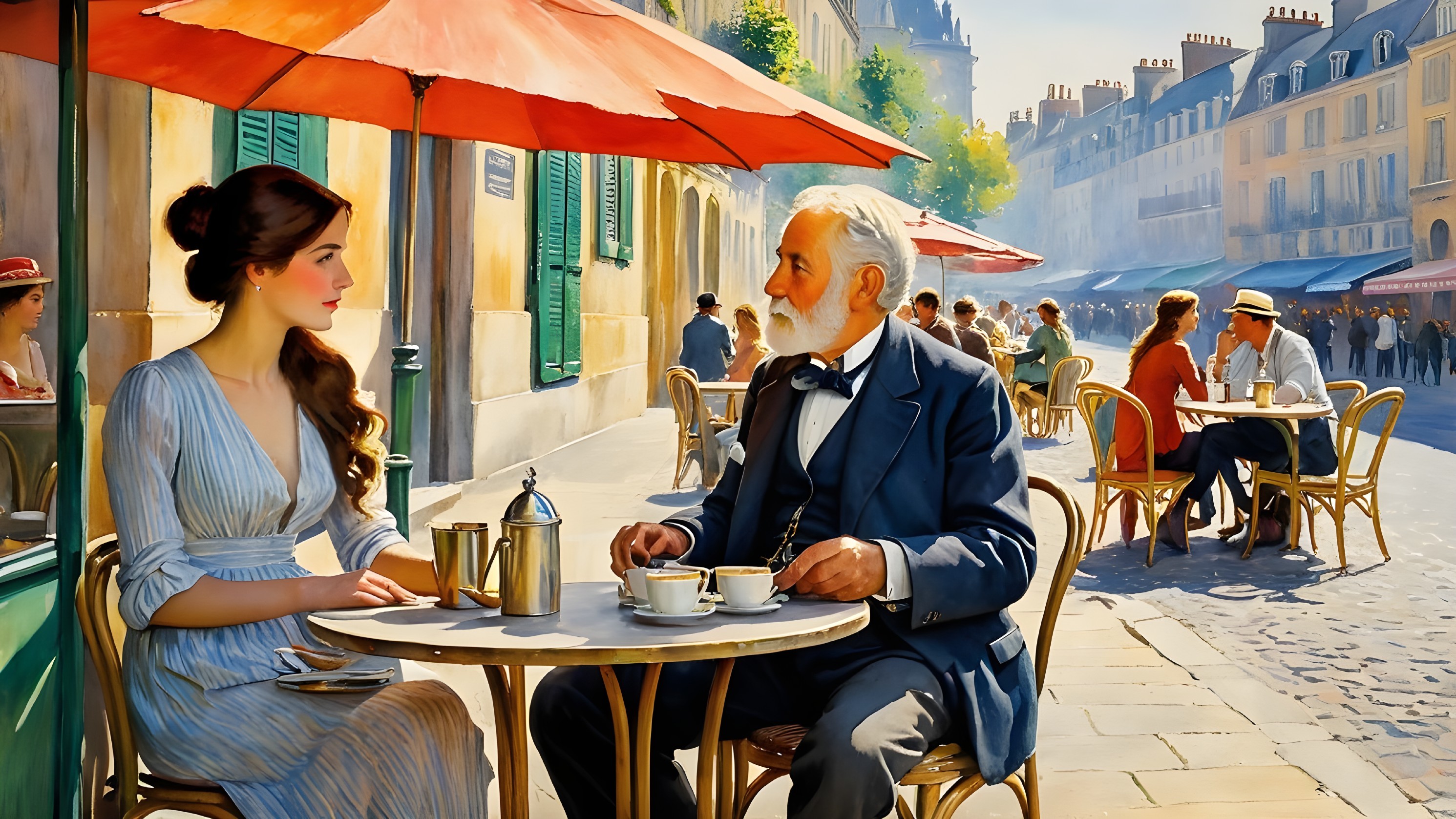 Charming European Town Street Scene with Café Patrons