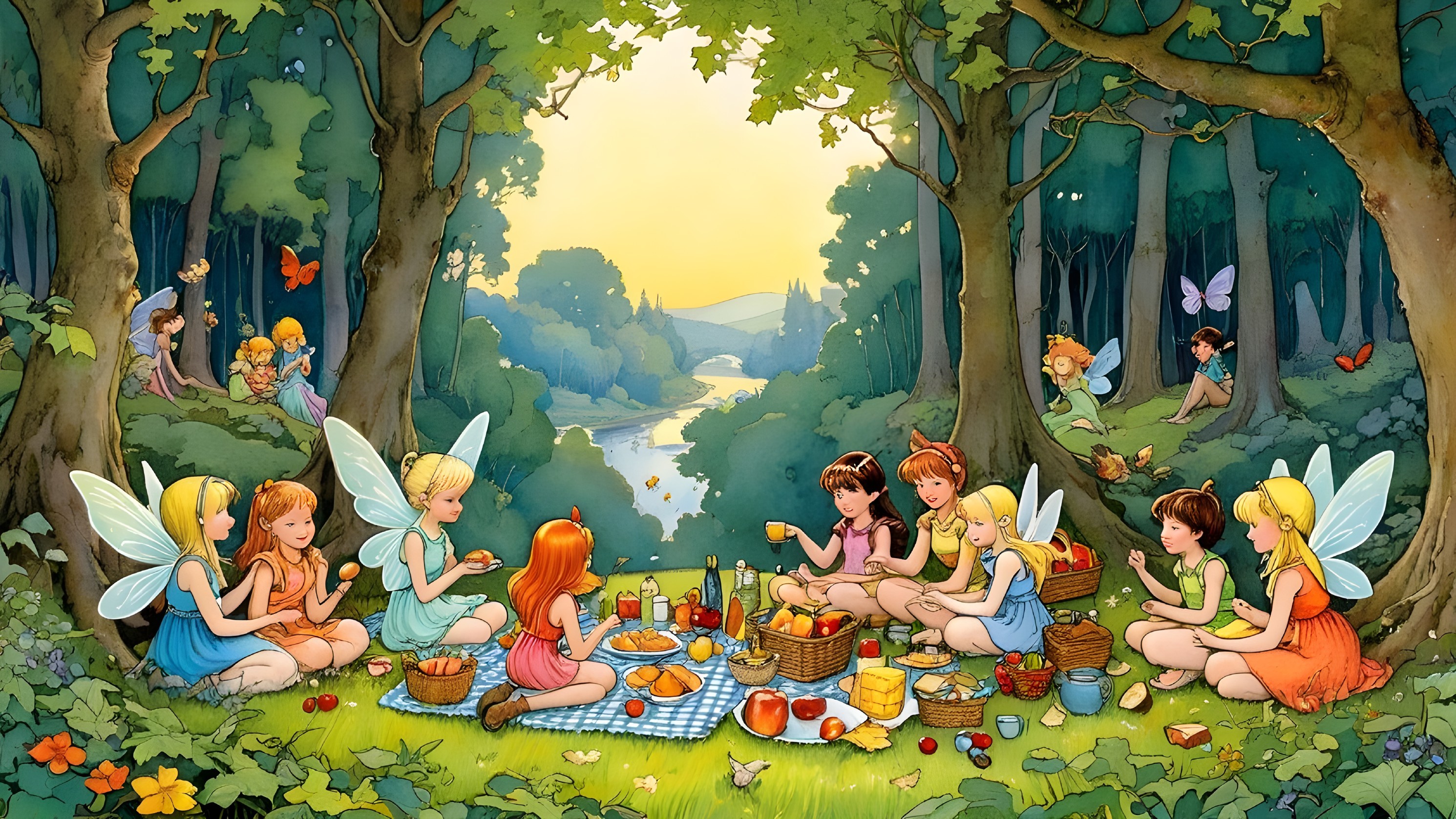 Whimsical Picnic Scene with Fairies in a Forest Glade