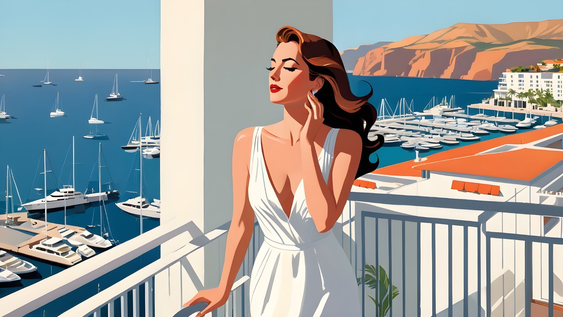 Chic Woman in White Dress Overlooking Vibrant Marina