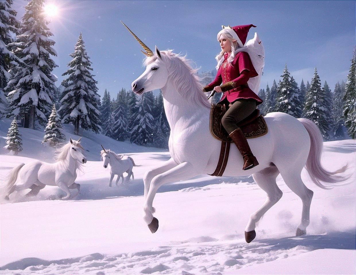 Woman in festive attire rides a white unicorn in snow