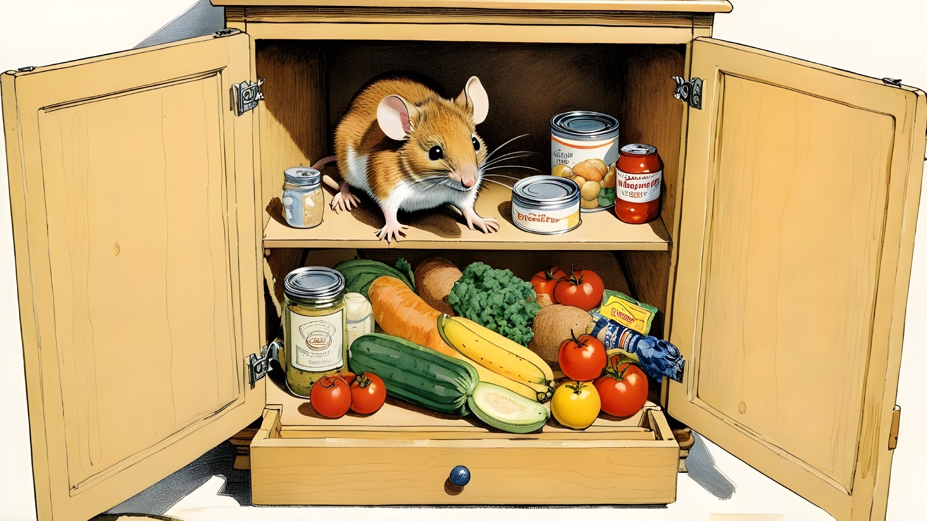 Mouse Observing Colorful Food Items in Cupboard