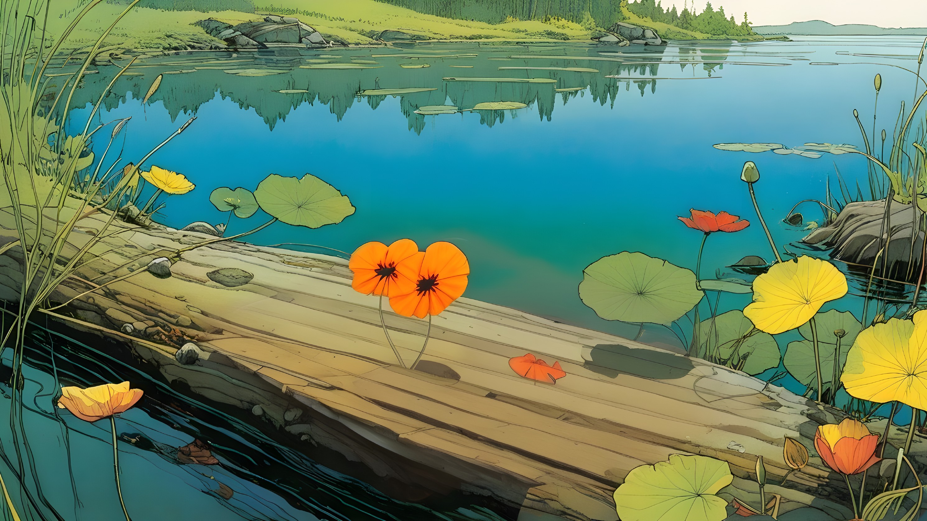 Lakeside Scene with Water, Greenery, and Flowers