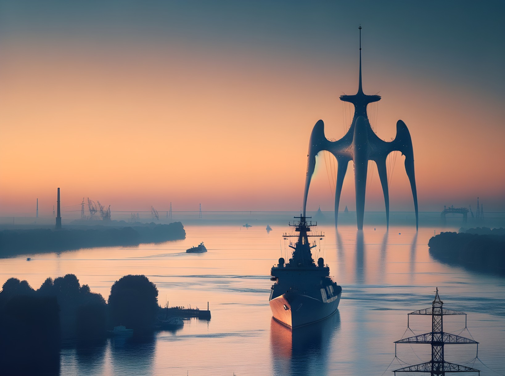 Surreal Dawn Landscape with Futuristic Structure and Ship
