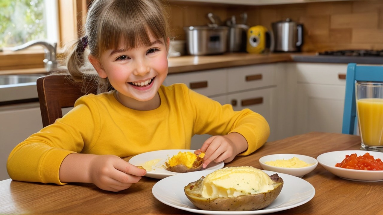 Cheerful Girl Enjoys Meal with Baked Potato and Juice