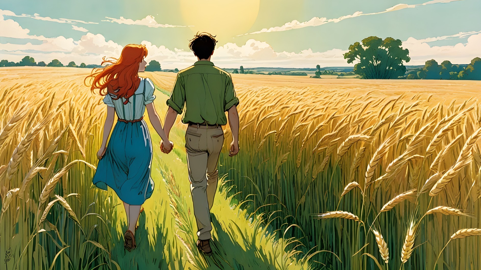 Couple in Wheat Field at Sunset with Blue Sky