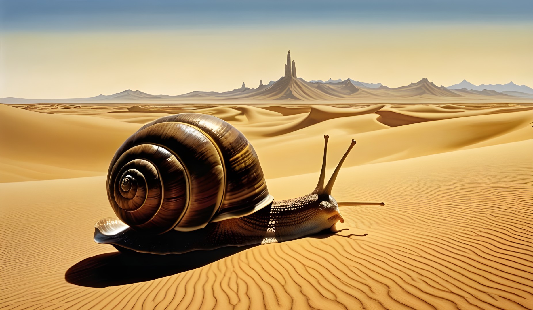 Snail in a Golden Desert Landscape with Mountains