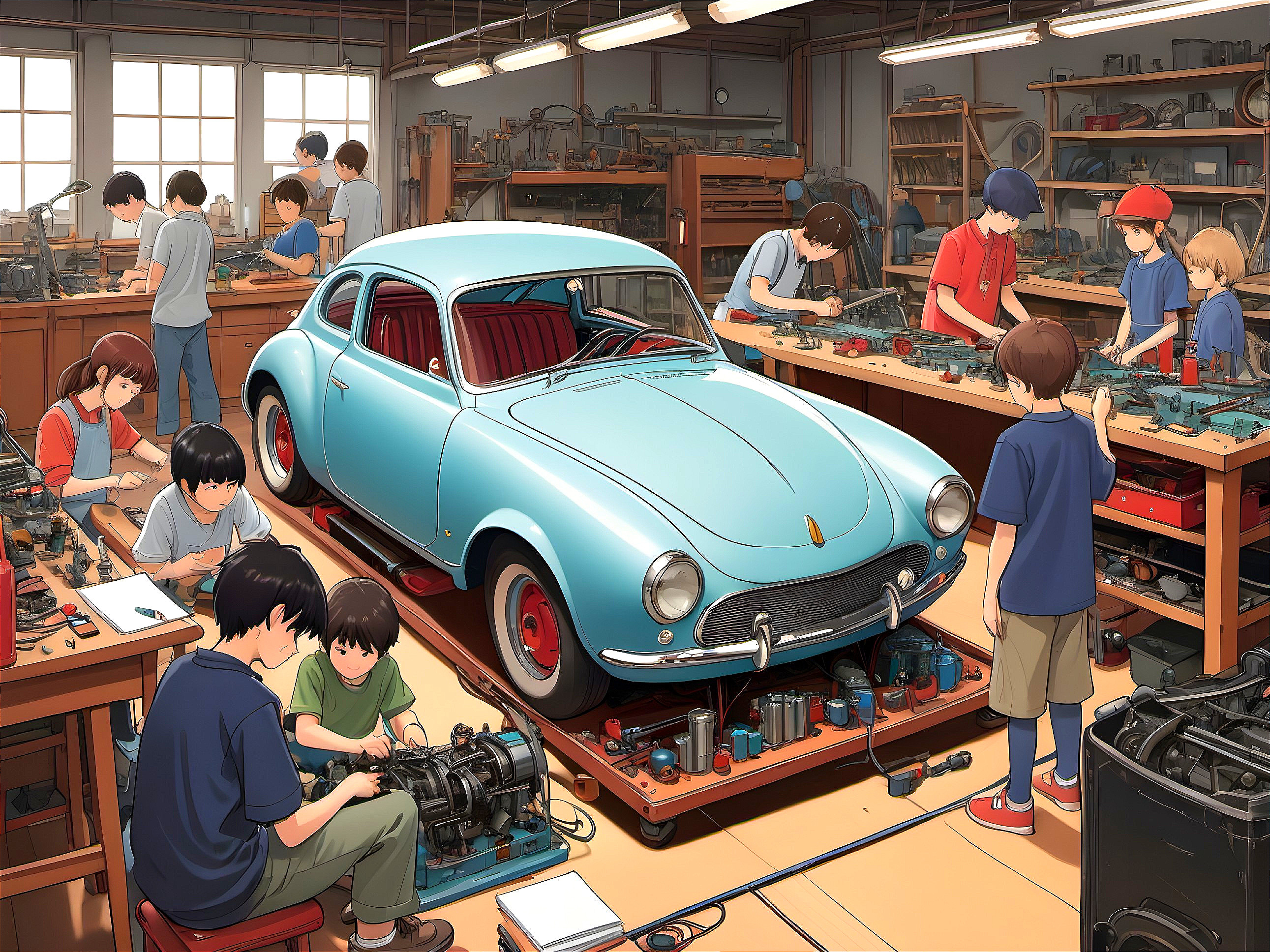 Vintage Blue Car Workshop with Engaged Kids