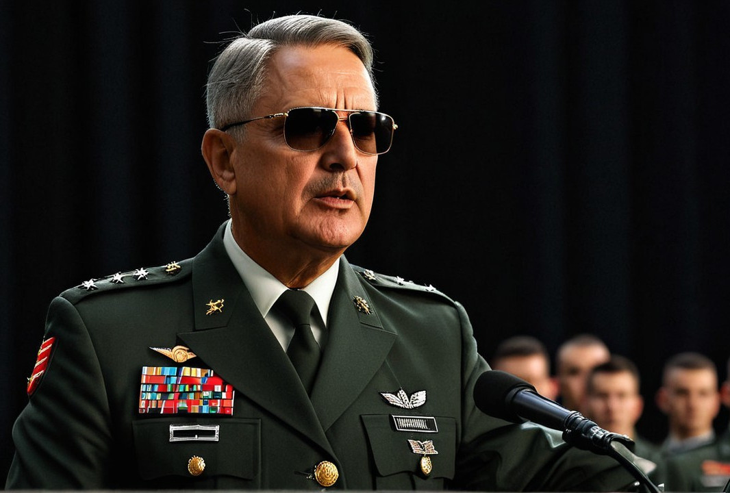 Military Officer at Podium with Soldiers Listening