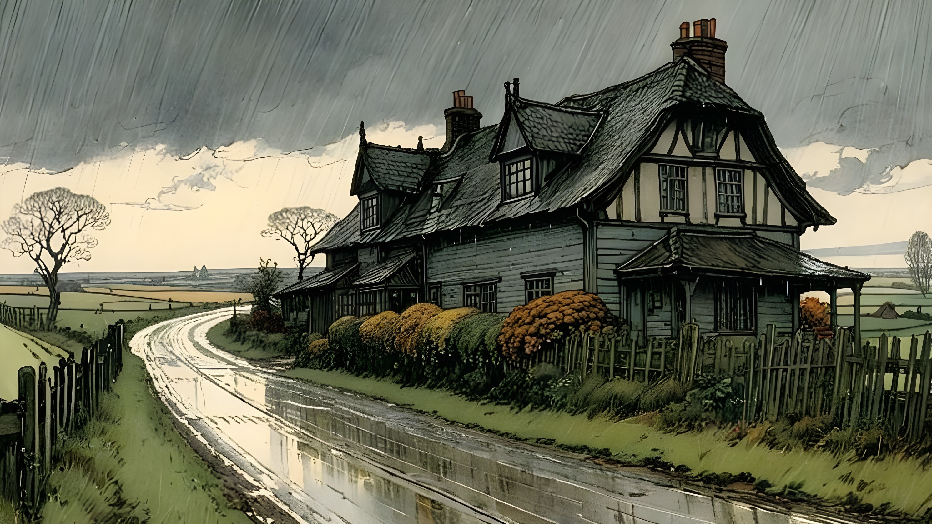Thatched-Roof Cottage by Rainy Winding Road