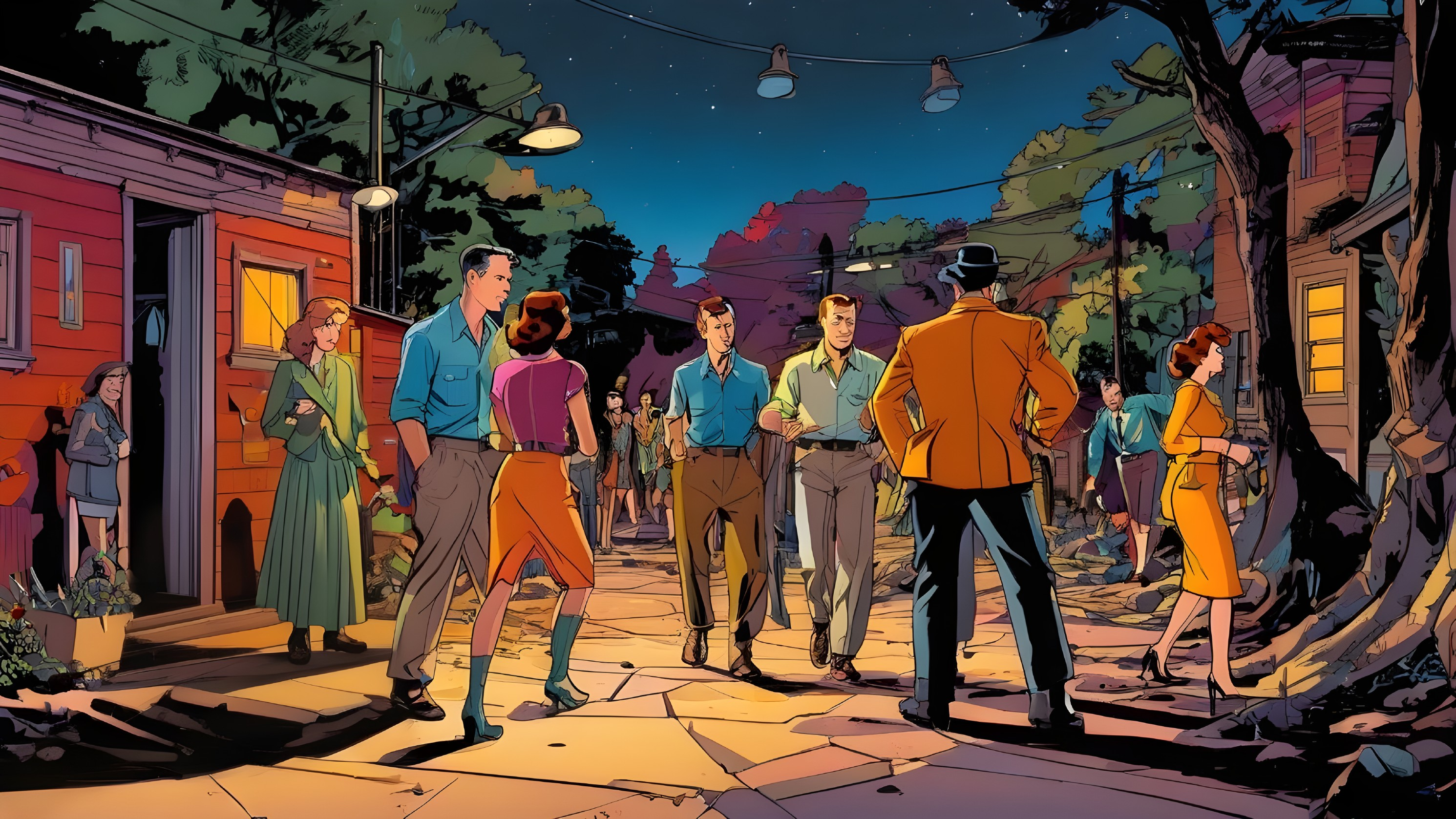 Gathering of Individuals on a Nighttime Pathway