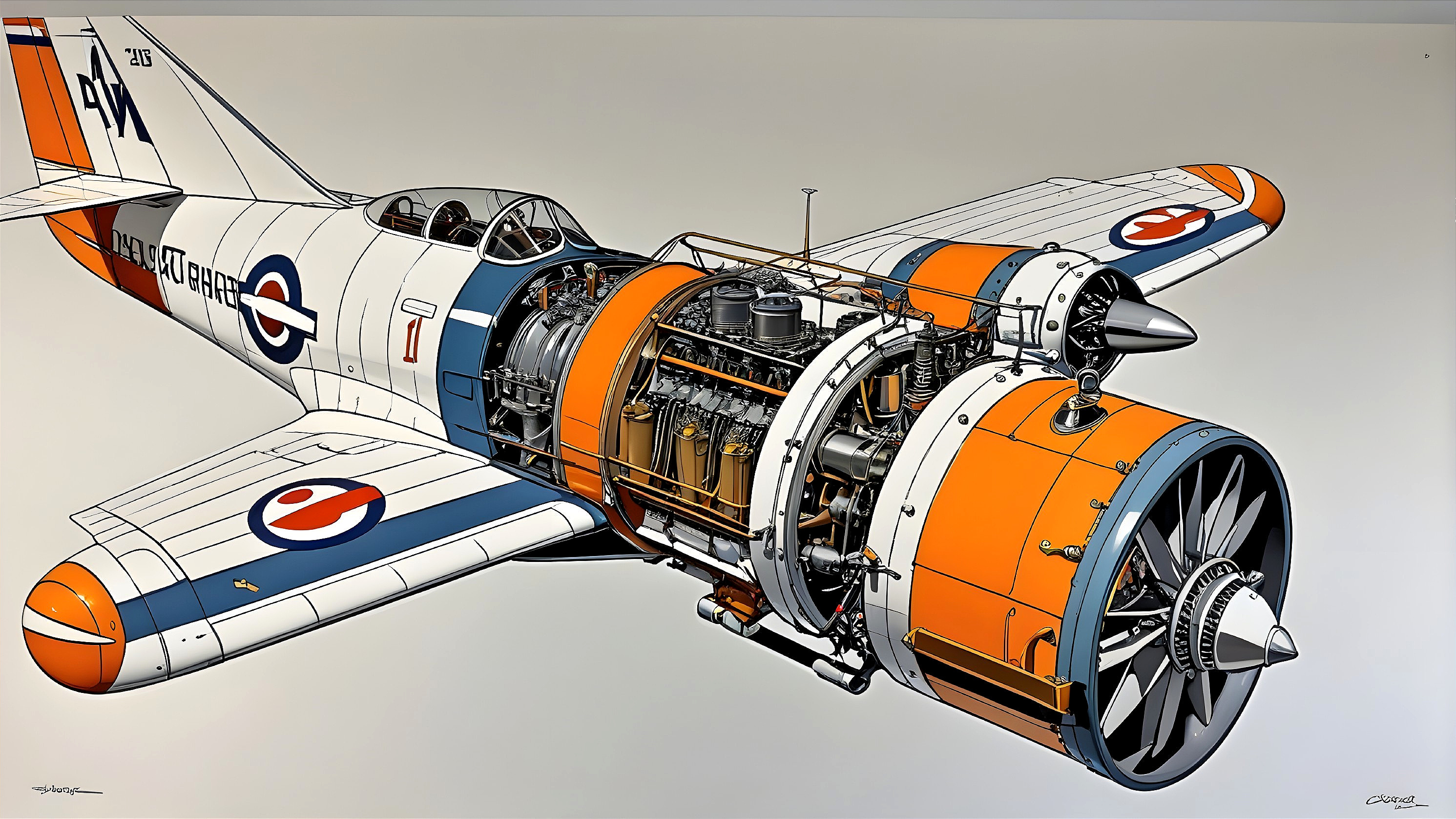 Detailed Illustration of Vintage Aircraft Cutaway View