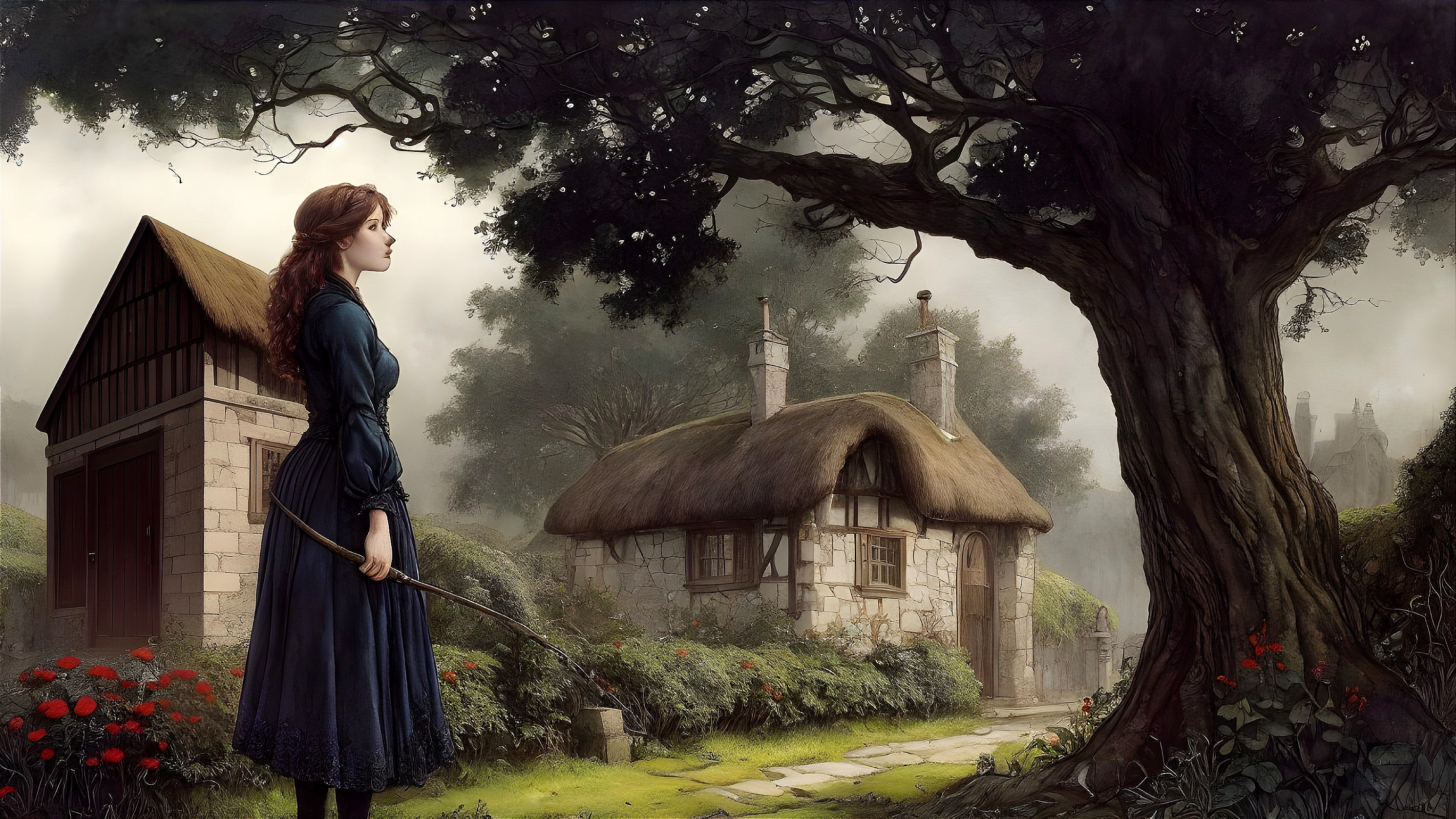 Young Woman in Blue Dress by Thatched Cottage Path