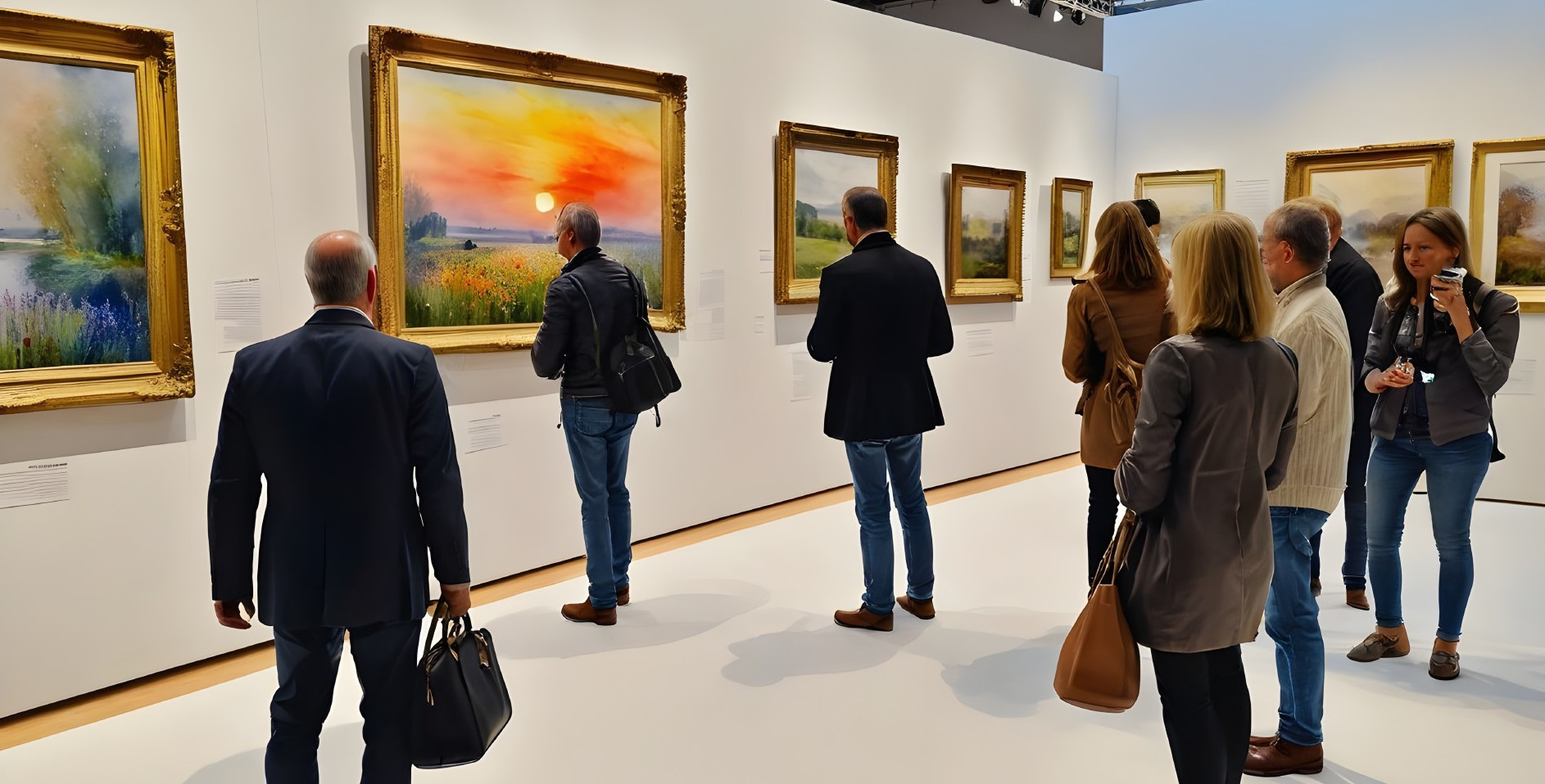 Vibrant Art Gallery with Colorful Landscape Paintings