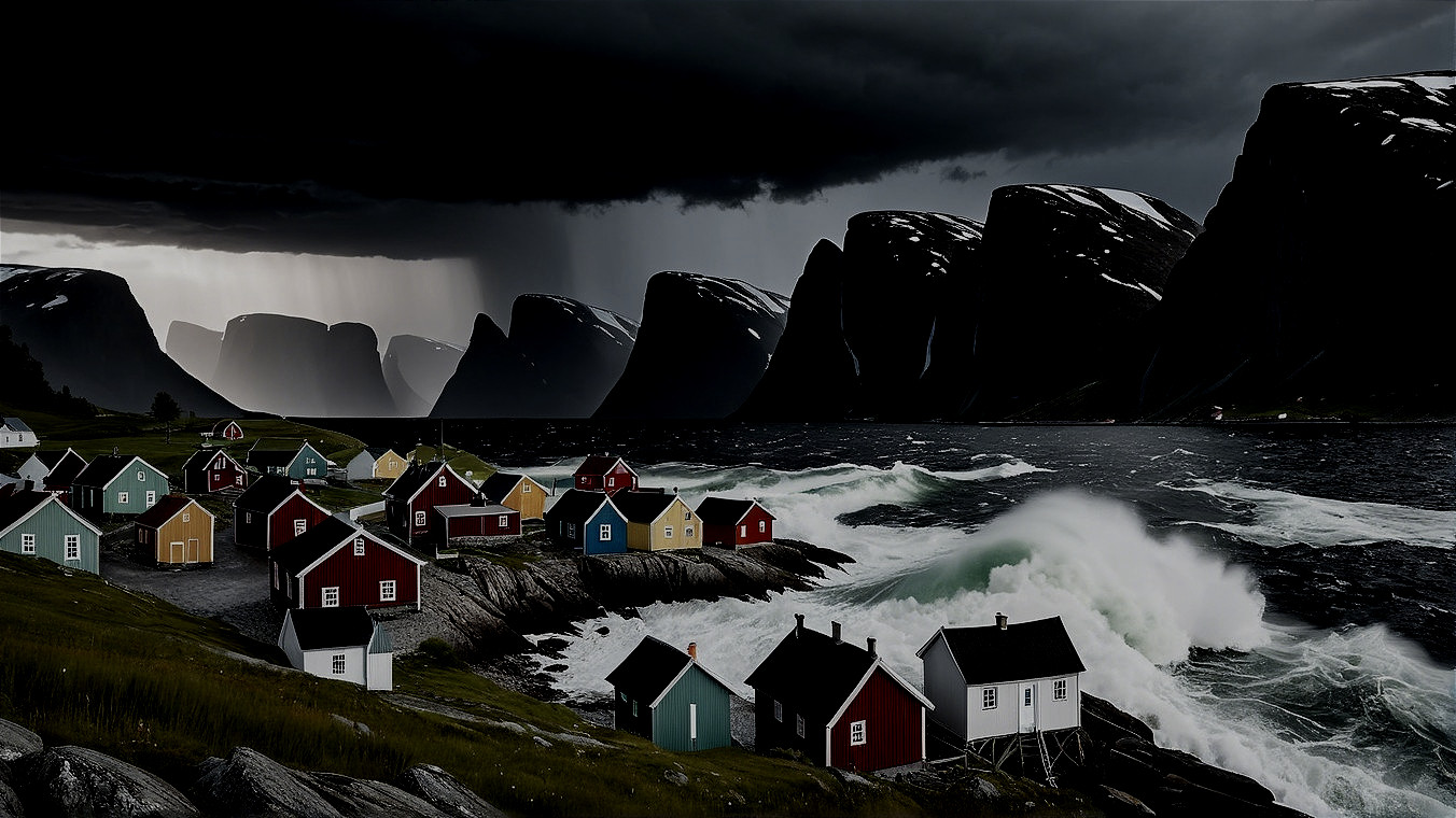 Colorful Houses on Rocky Shore with Stormy Skies