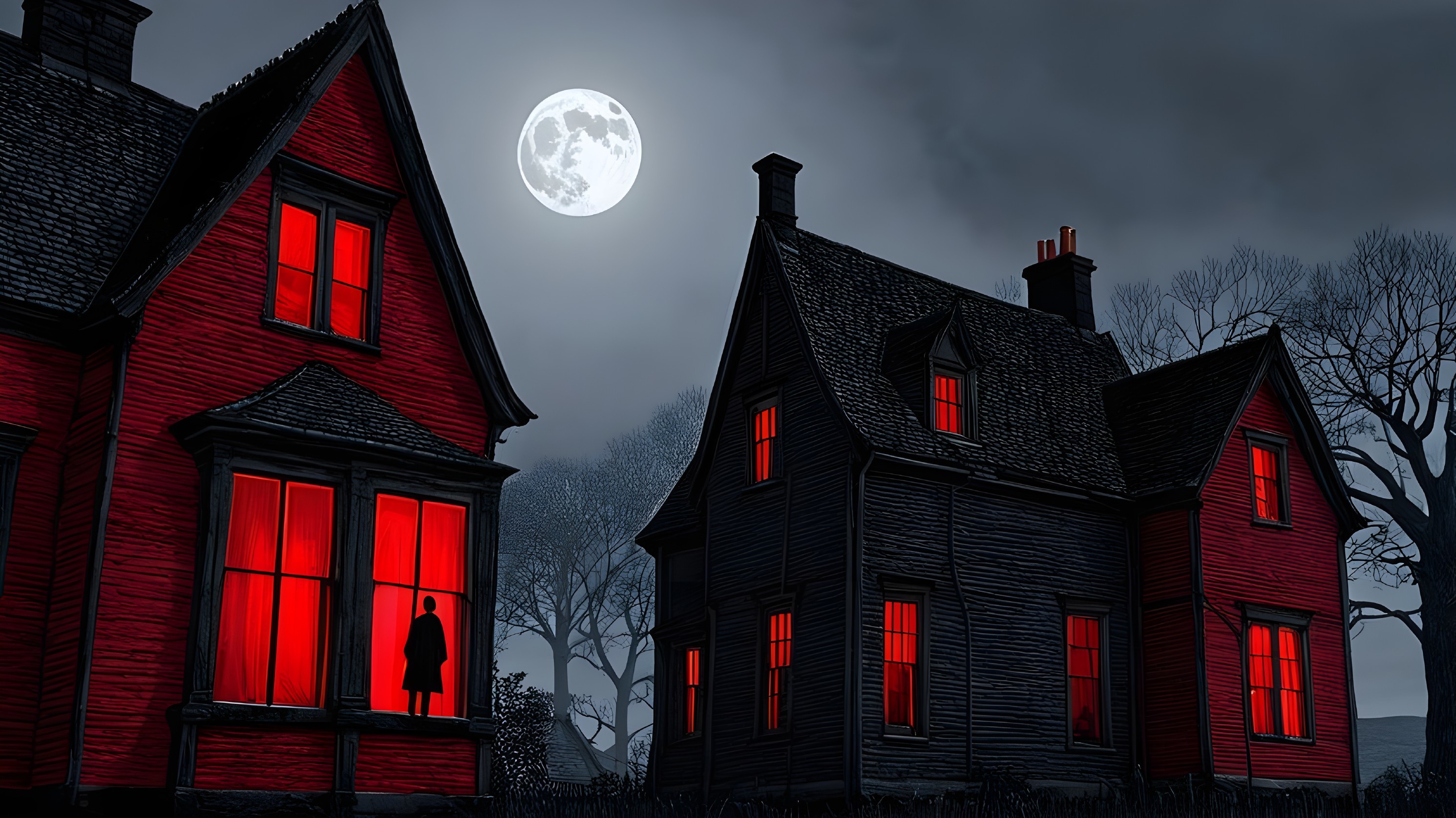 Eerie Houses Under Full Moon with Ominous Atmosphere