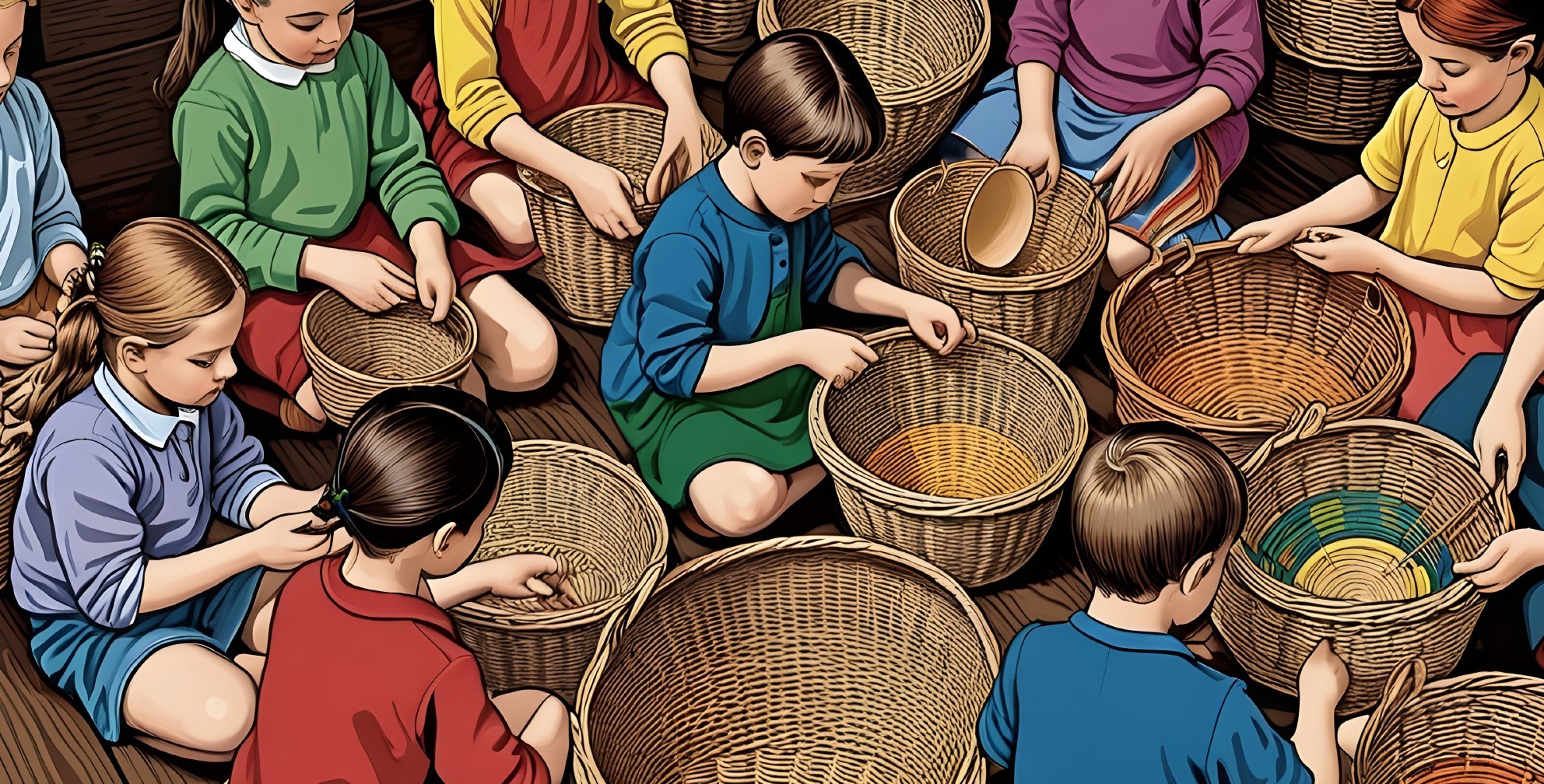 Children Engaged in Woven Basket Crafting Activity