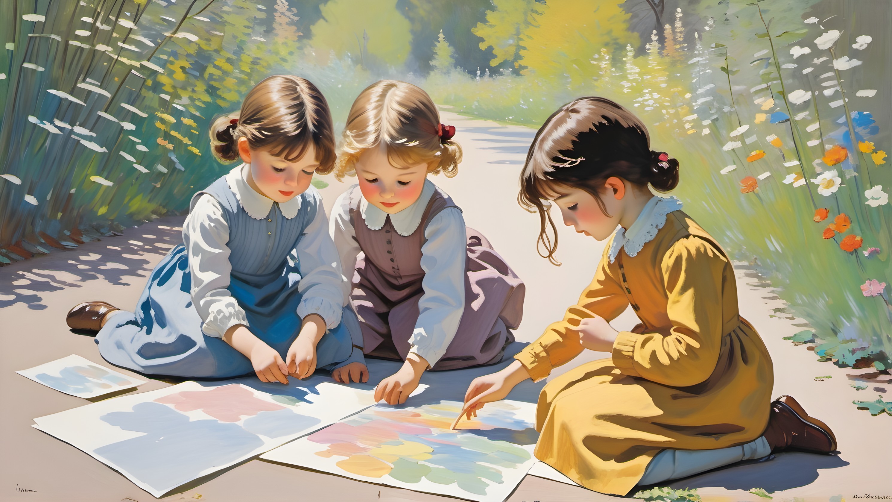 Young girls painting on a sunlit path with flowers