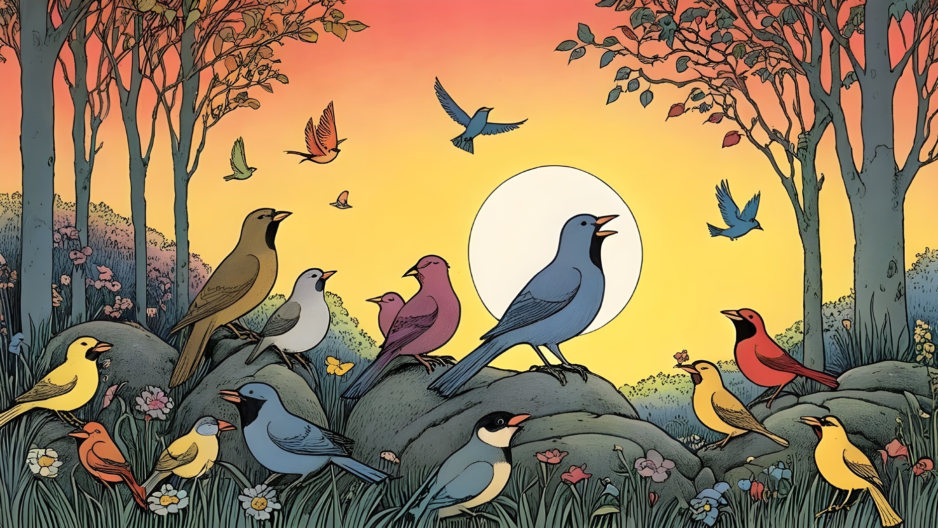 Colorful Birds on Rocks in Lush Greenery at Sunset