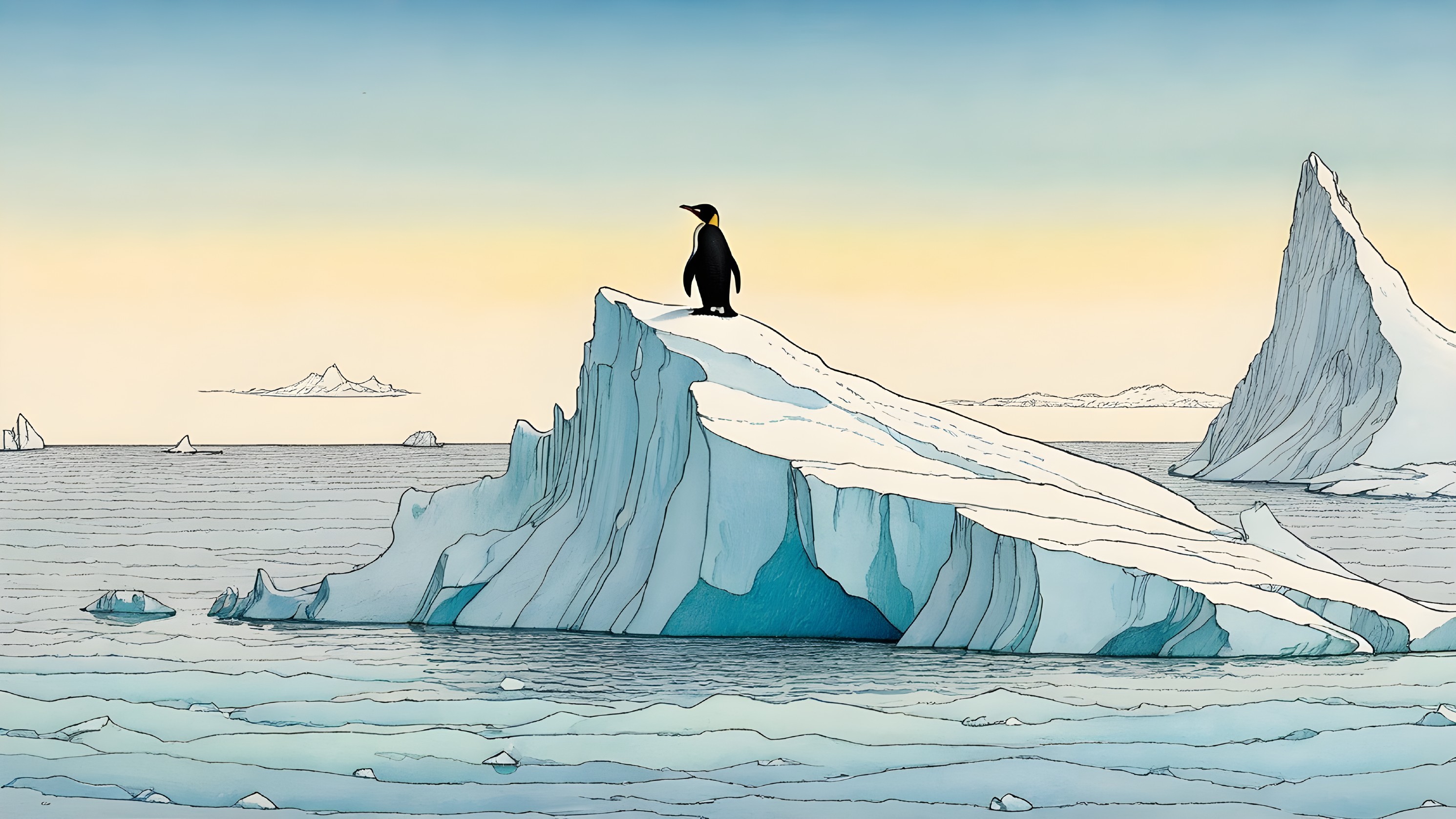 Solitary Penguin on Iceberg Overlooking Ocean Scene