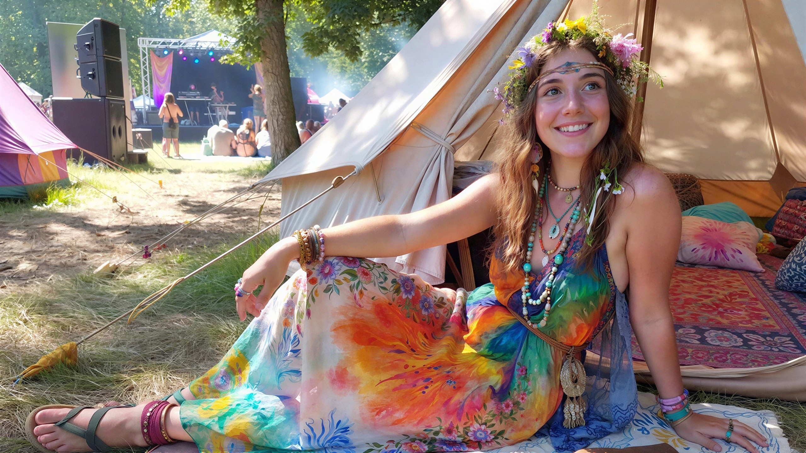 Hippie Woman in Colorful Attire at Festival Scene