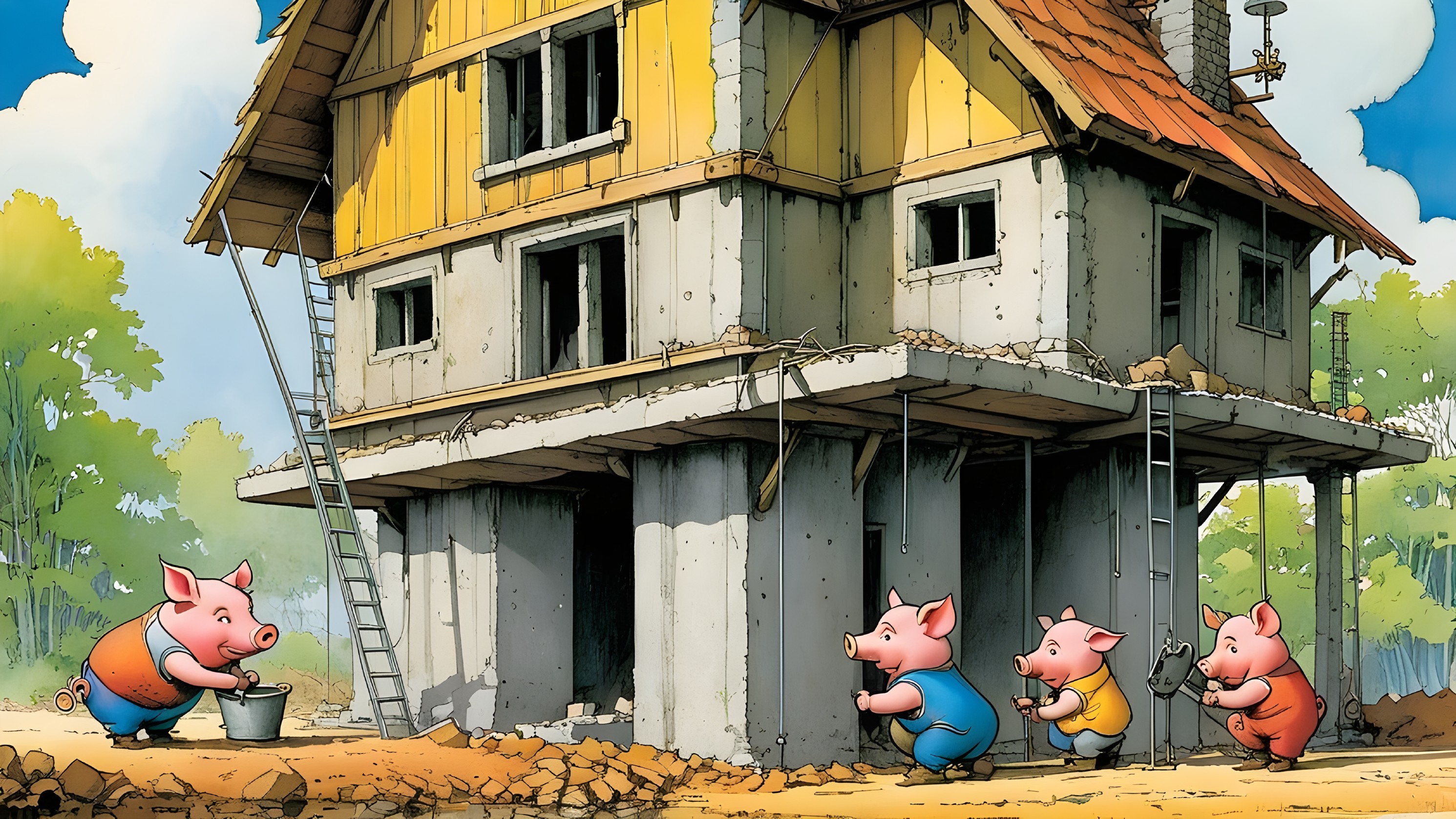 Cartoon Pigs Building a Colorful House Scene
