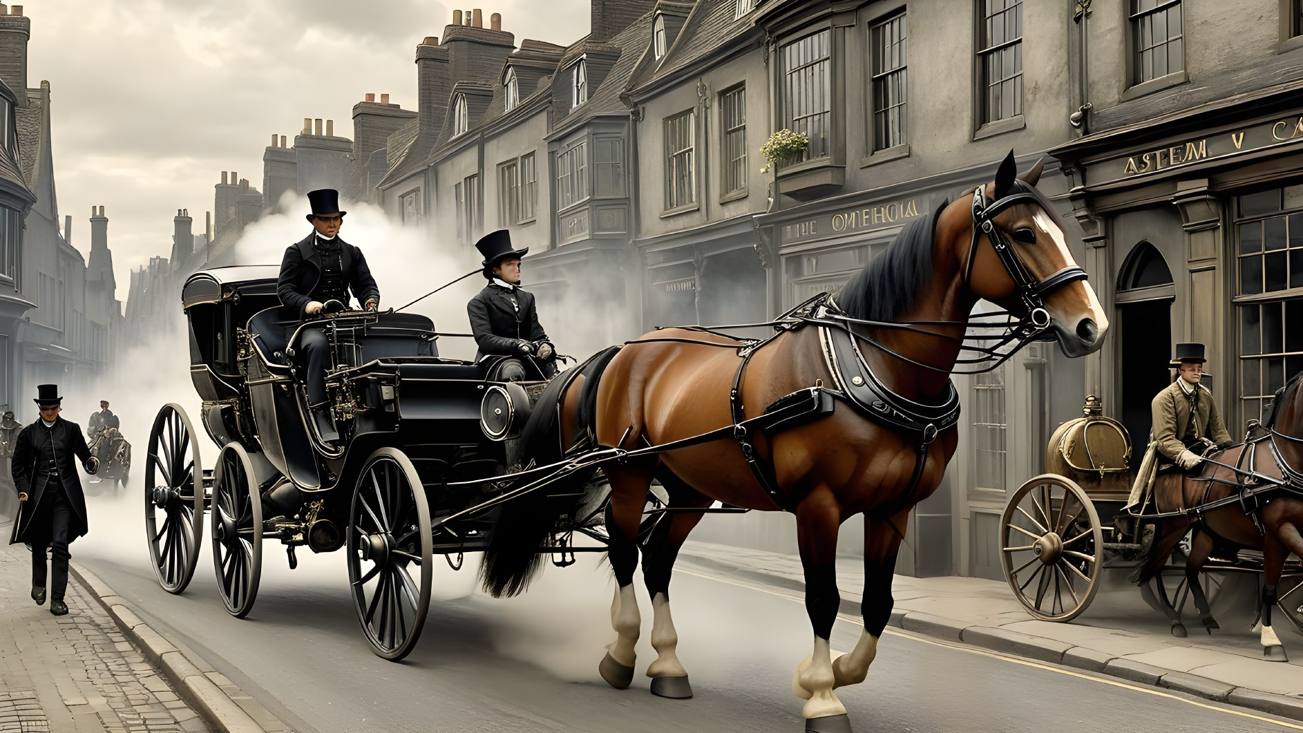 Victorian Era Street Scene with Horse-Drawn Carriage