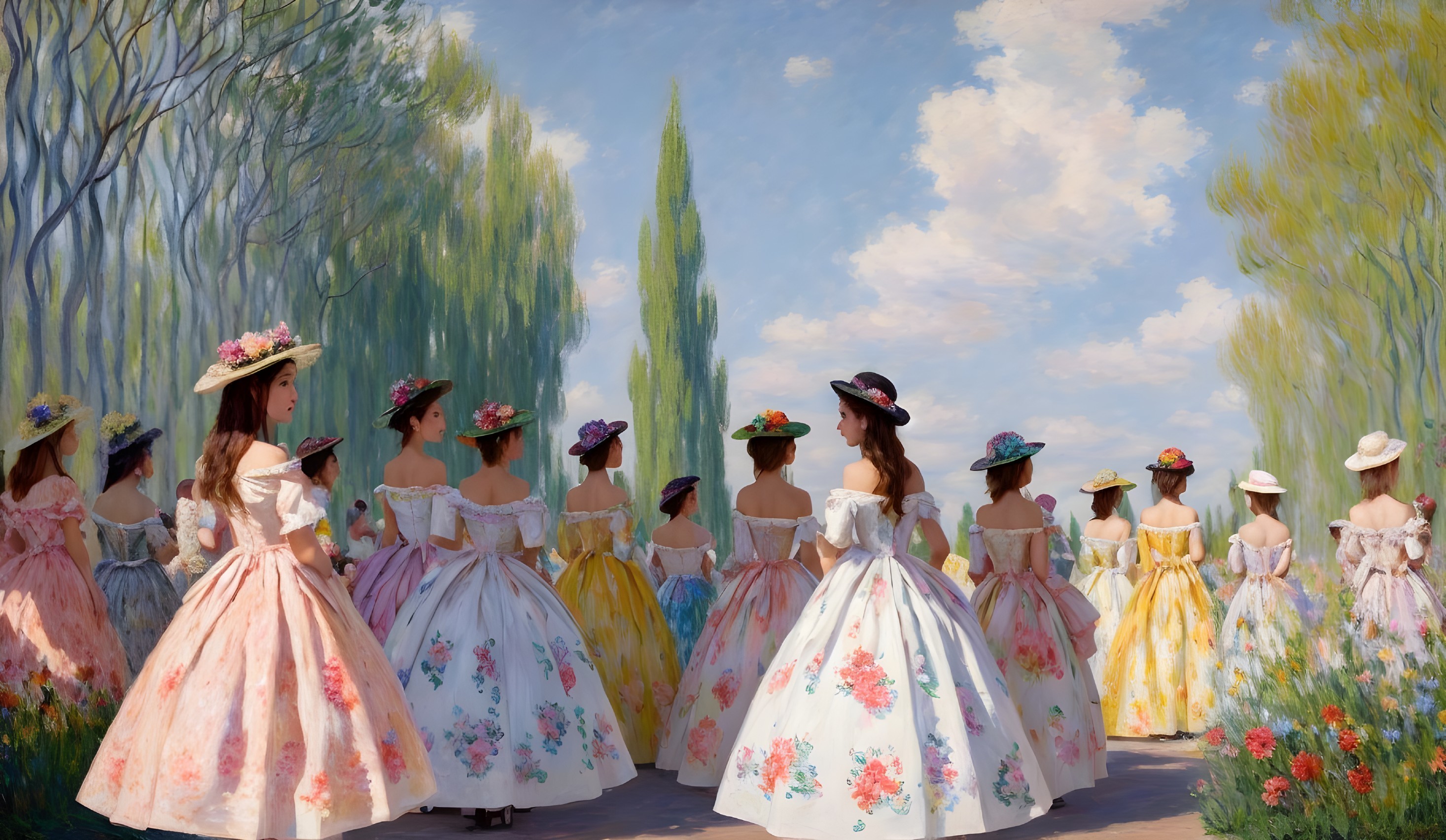 Young Women in Floral Dresses Against Greenery