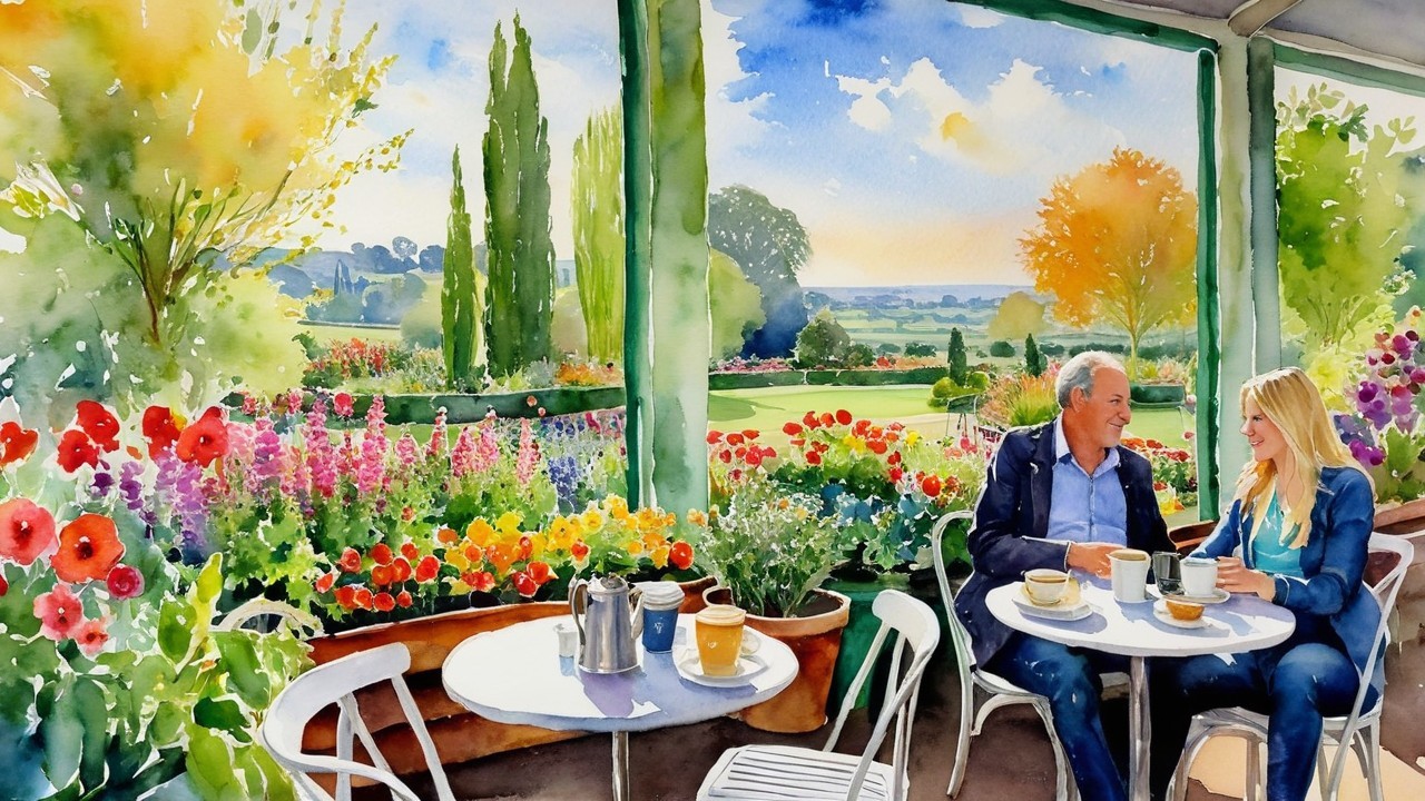 Serene outdoor café with couple amid blooming flowers