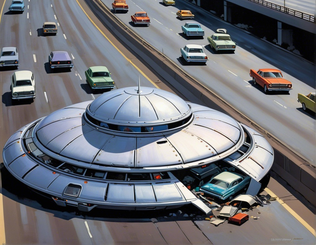 Futuristic UFO Collides with Vintage Car on Highway