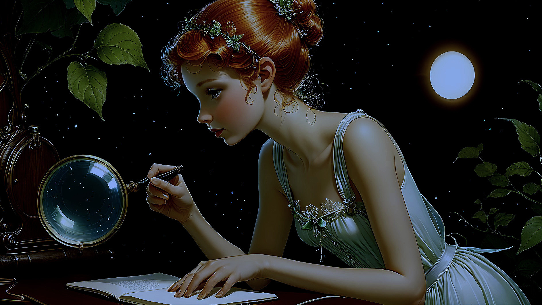 Young Woman Writing Under Starlit Sky with Magnifying Glass