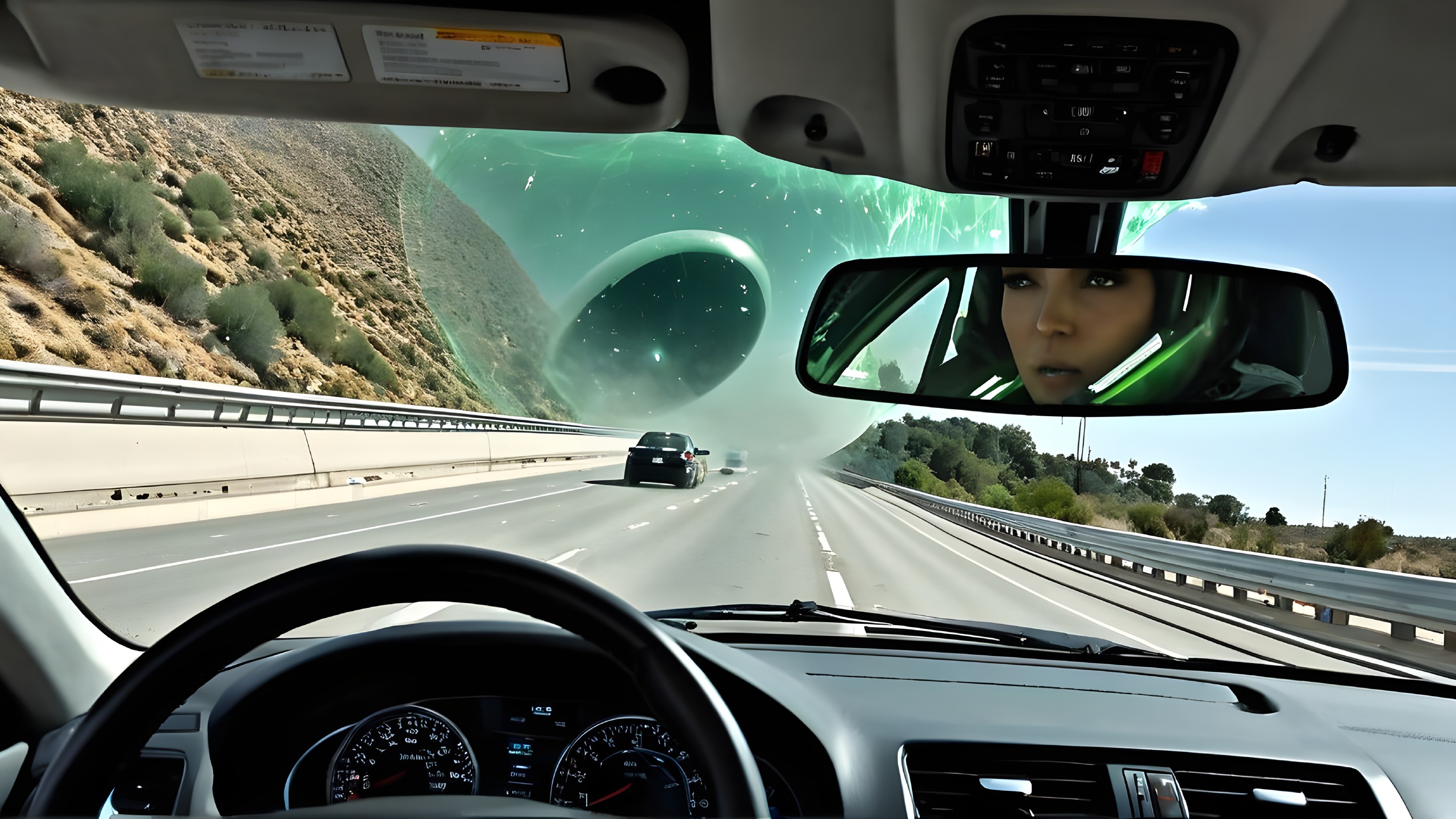Futuristic Car Interior with Black Hole in Rearview Mirror