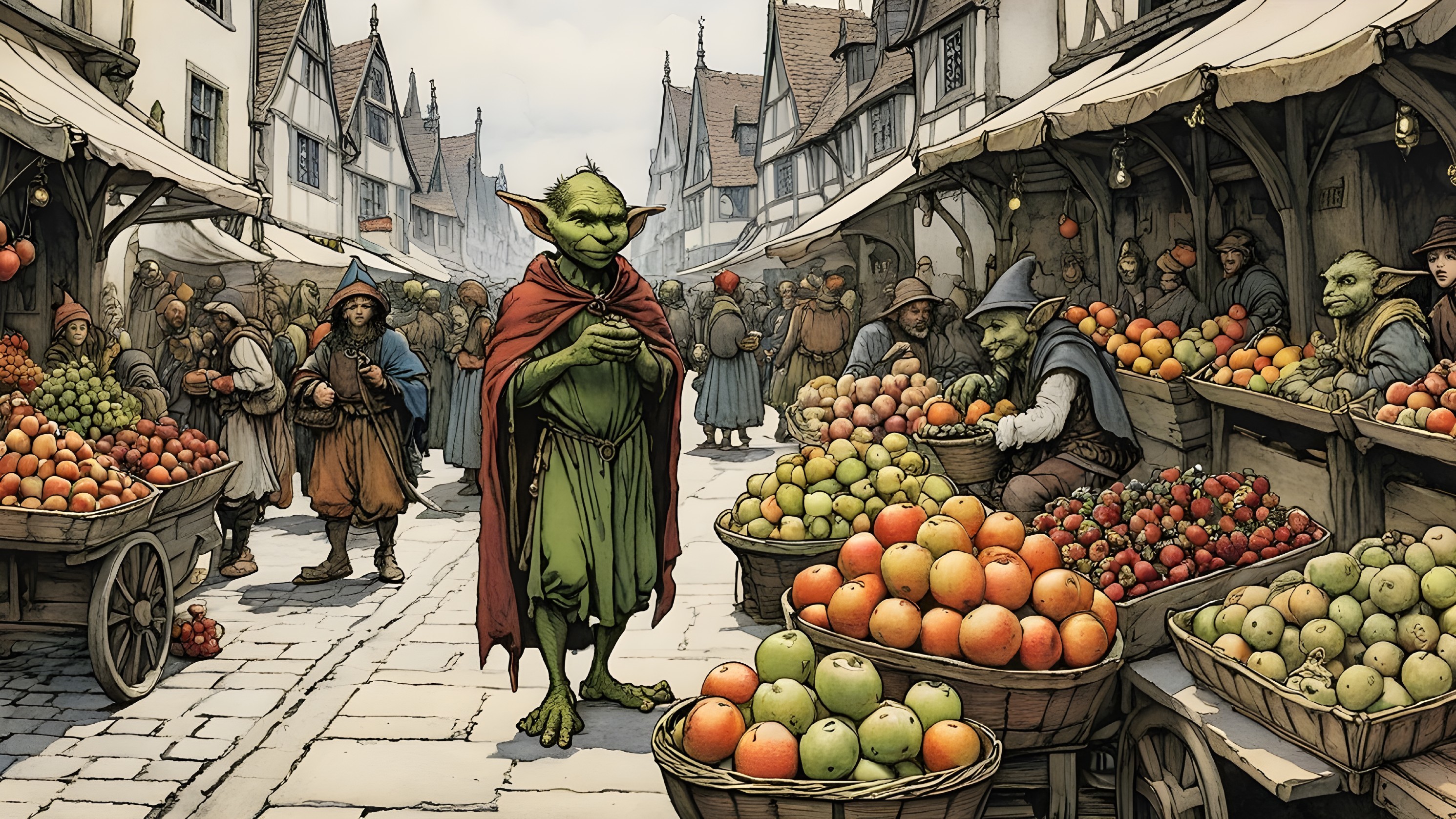 Medieval Marketplace with Green-Skinned Creatures