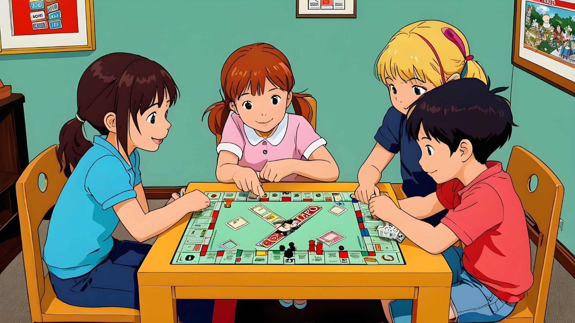 Children Playing Monopoly in a Colorful Room