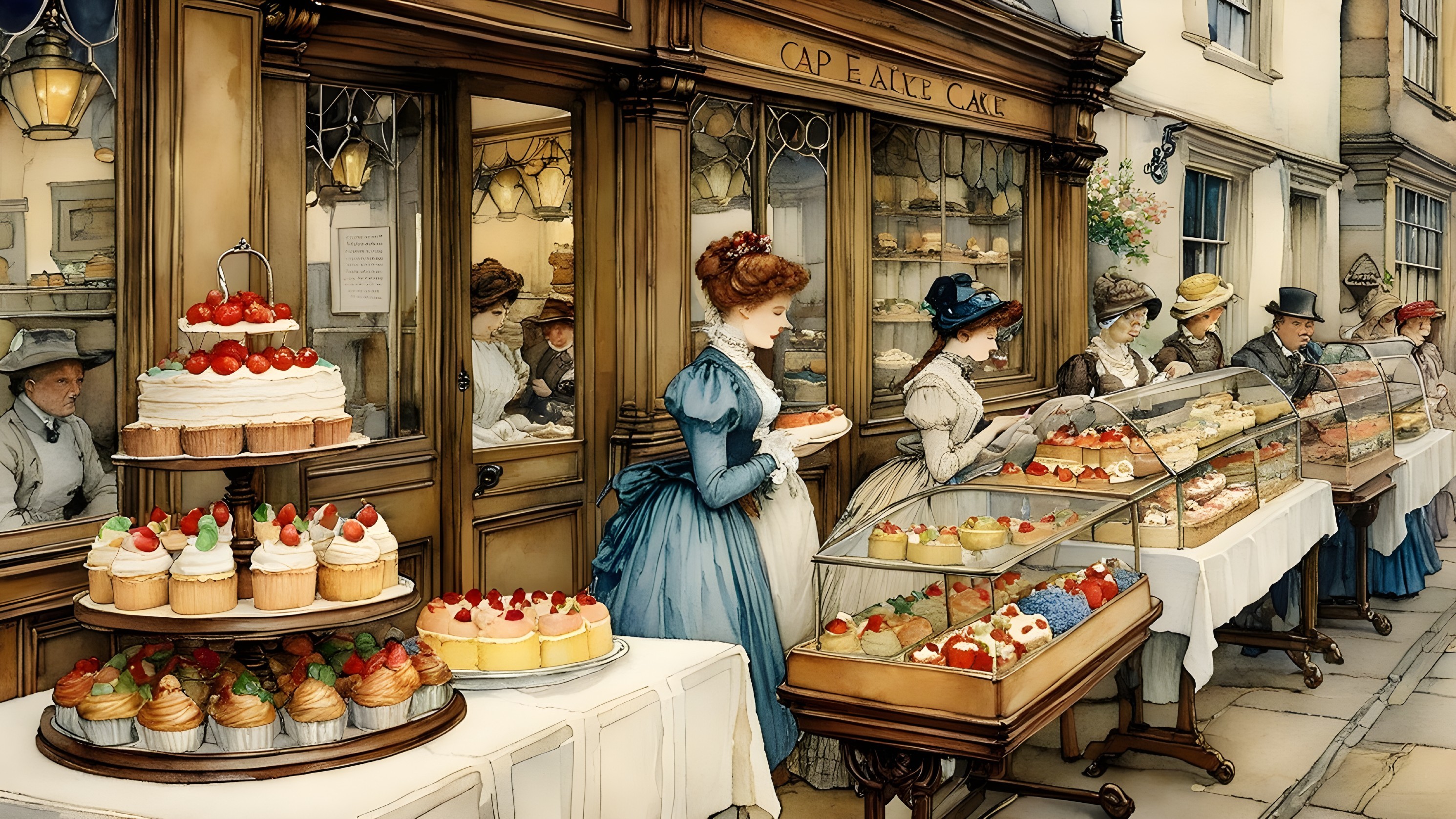 Vintage Bakery Scene with Pastries and Elegant Patrons