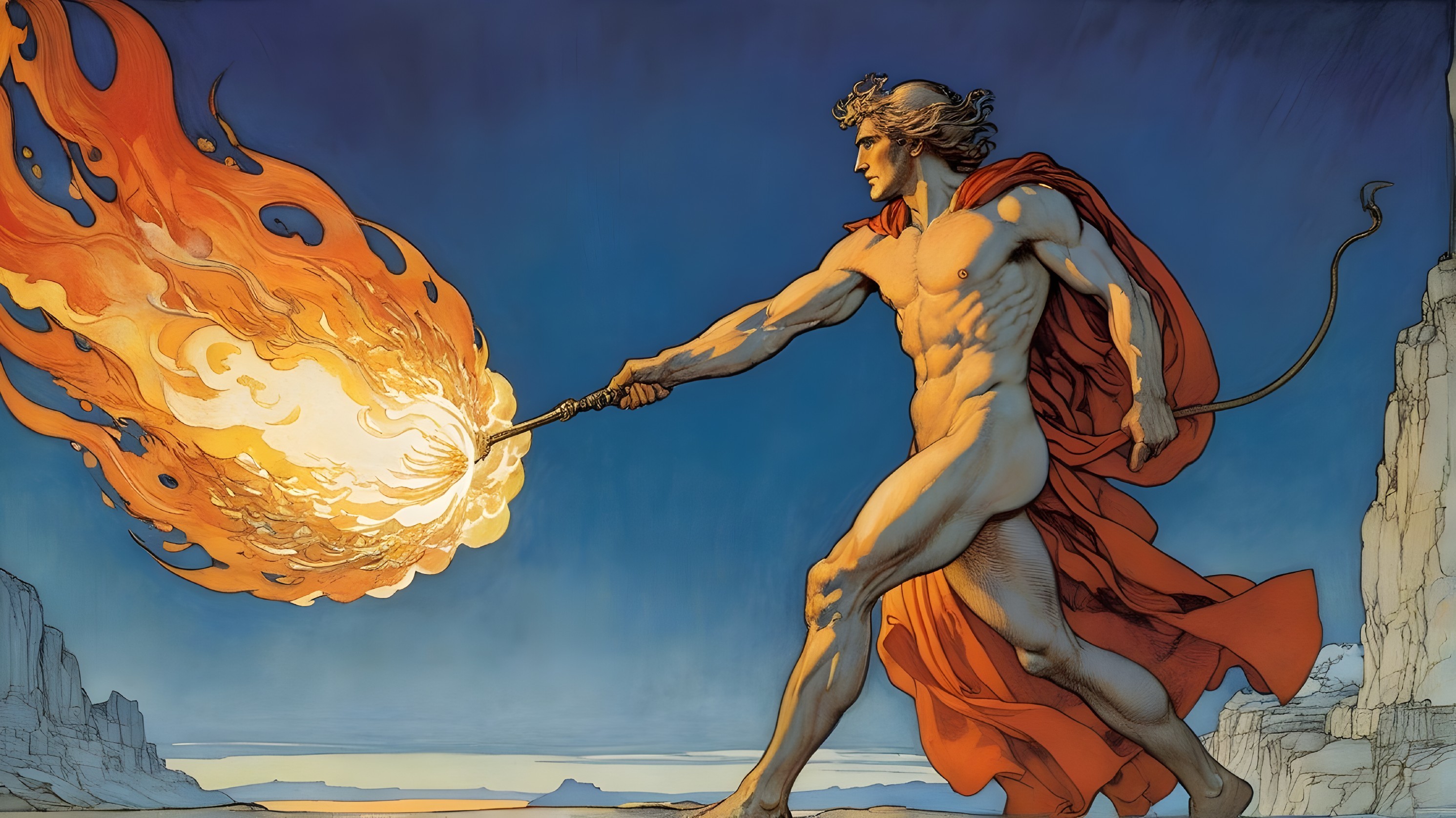Muscular Figure with Torch in Rugged Landscape
