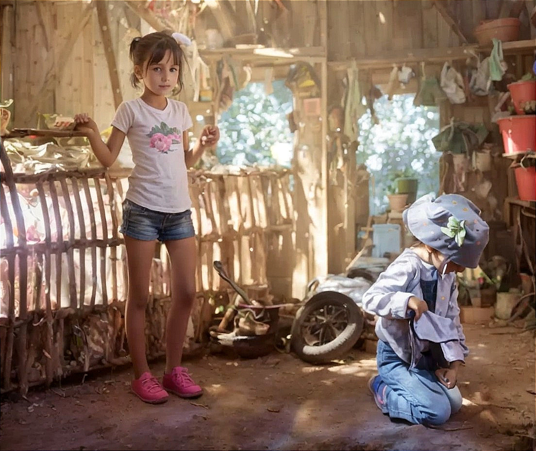 Young Girls in a Rustic Shed Surrounded by Greenery