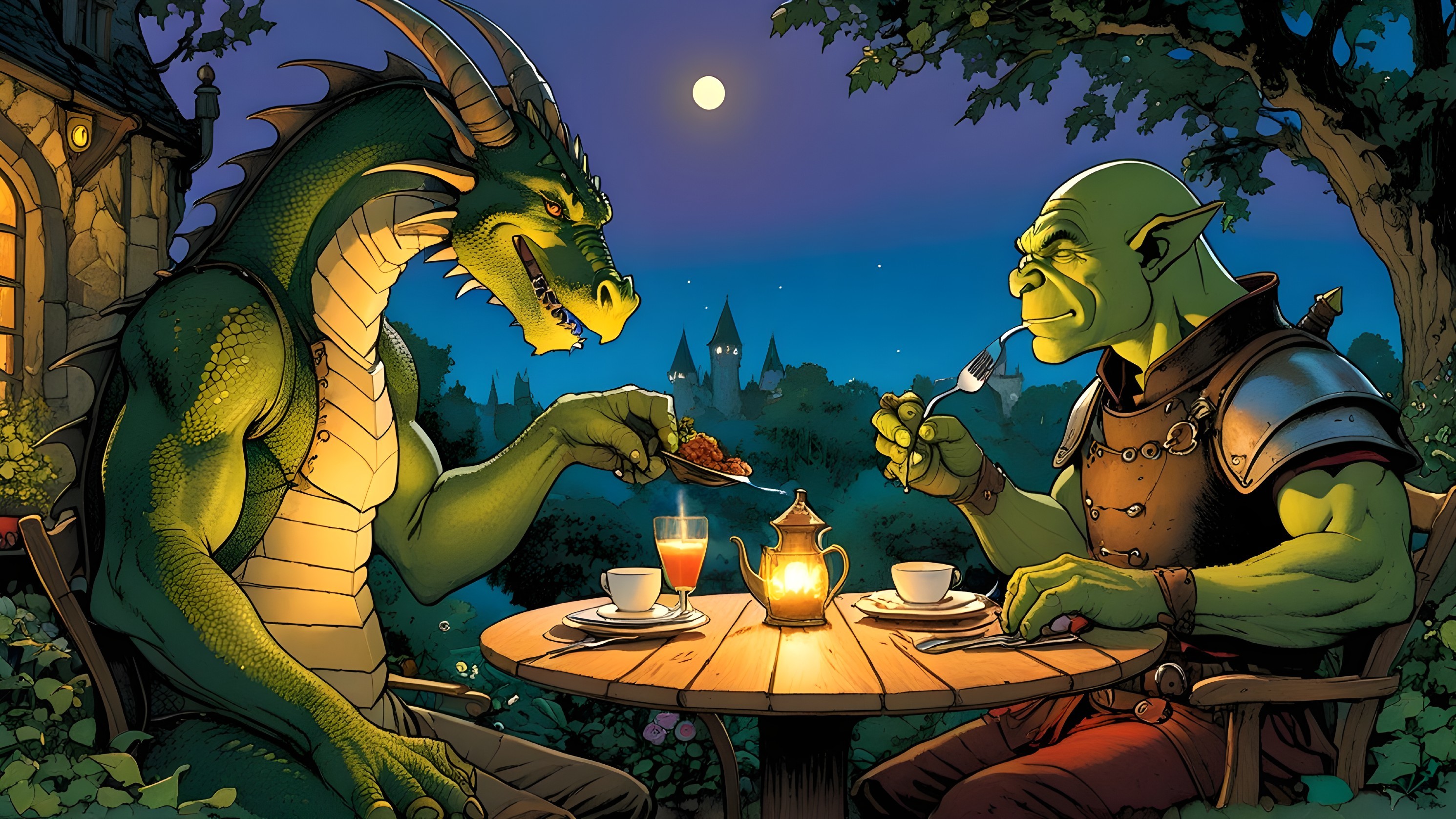 Dragon and Orc Dining Under the Full Moon