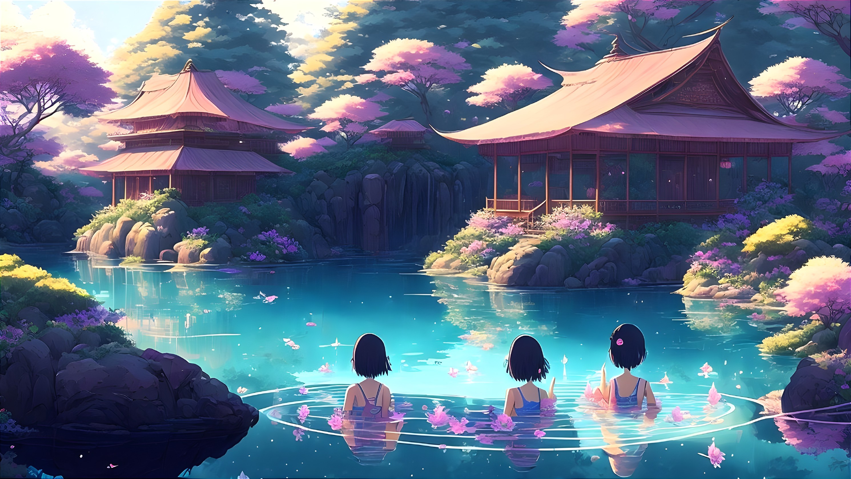 Young girls in a serene cherry blossom pond scene
