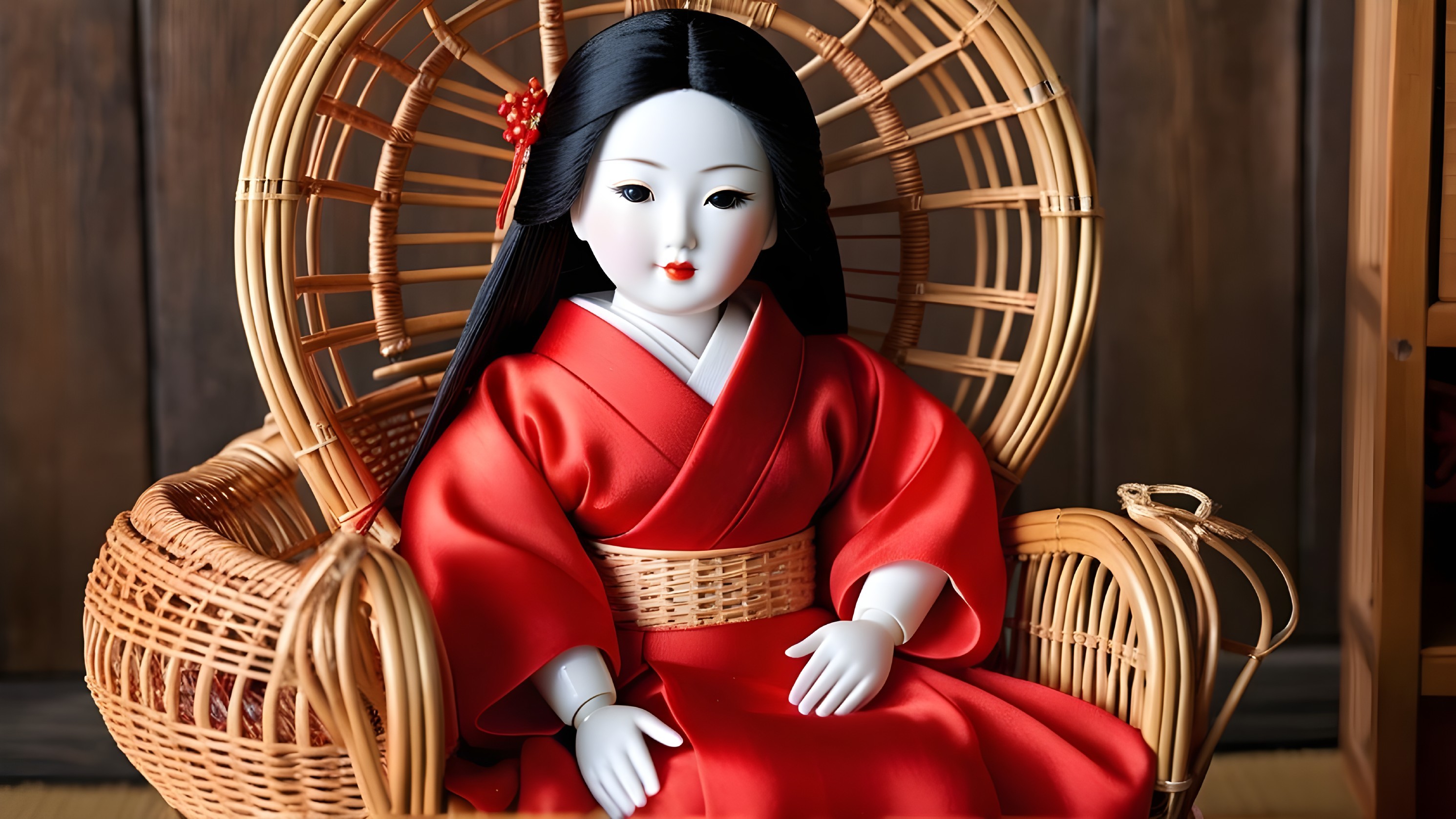 Doll in Red Kimono Sitting in Rattan Chair