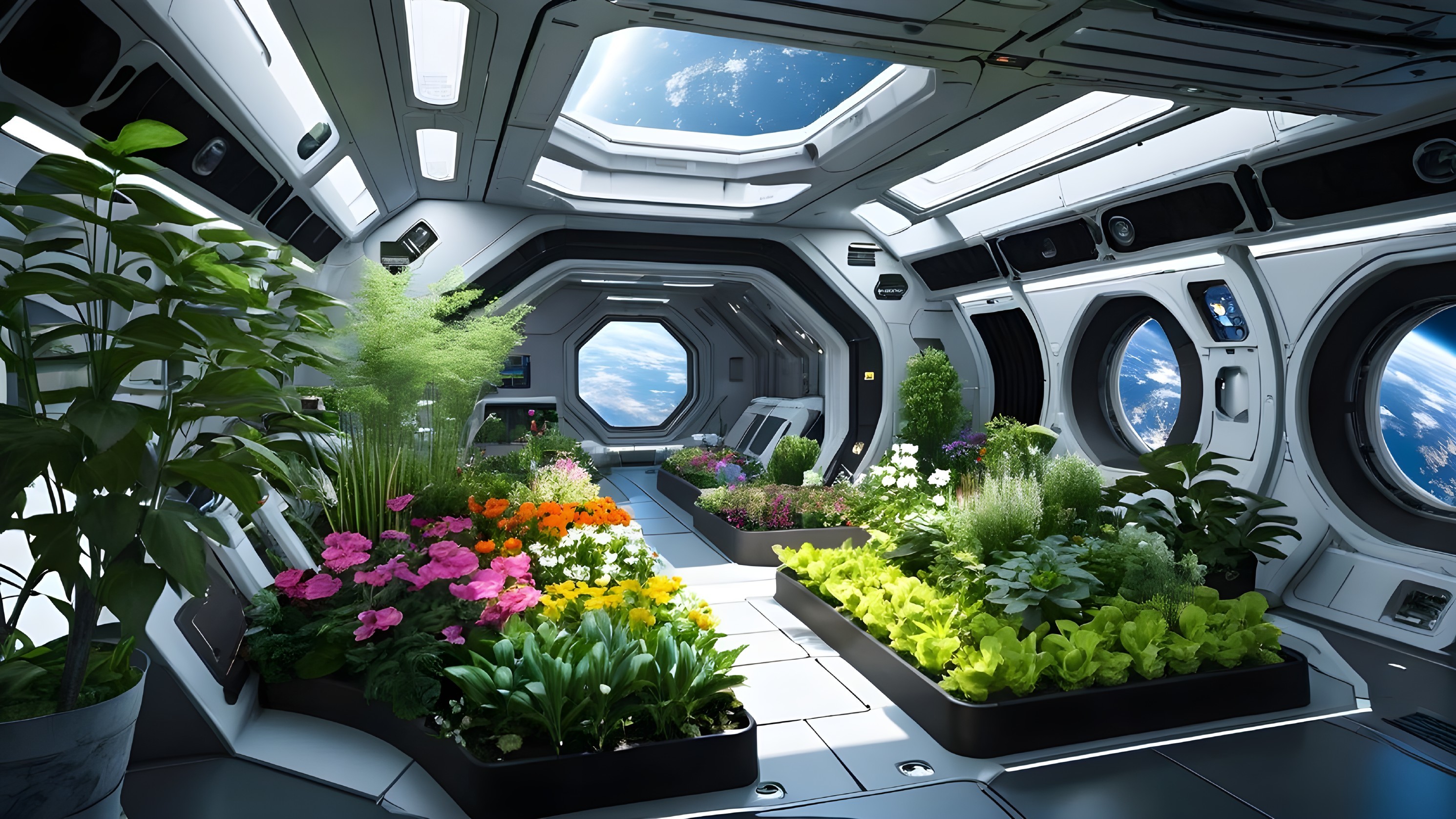Futuristic Spaceship Interior with Vibrant Greenhouse