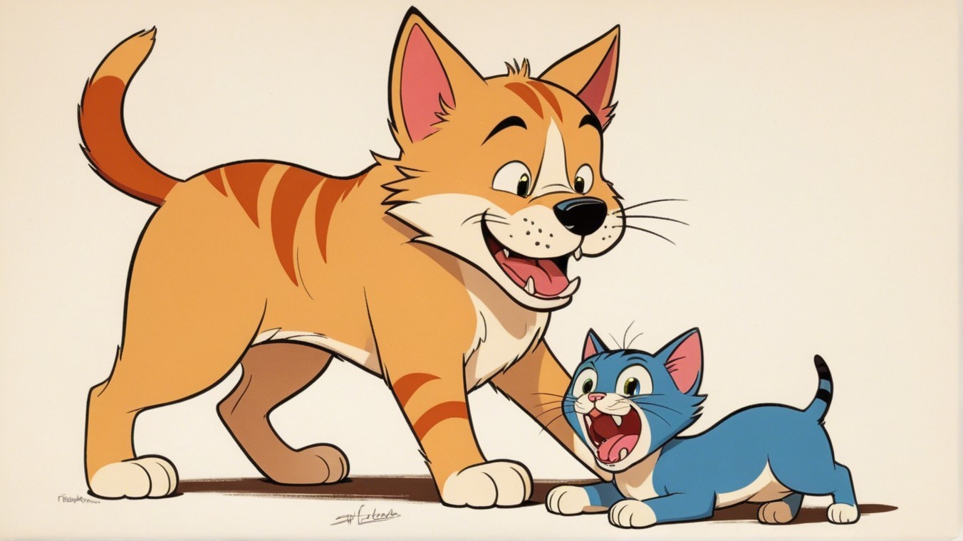 Cheerful Orange Tabby Cat and Blue Kitten Play Together