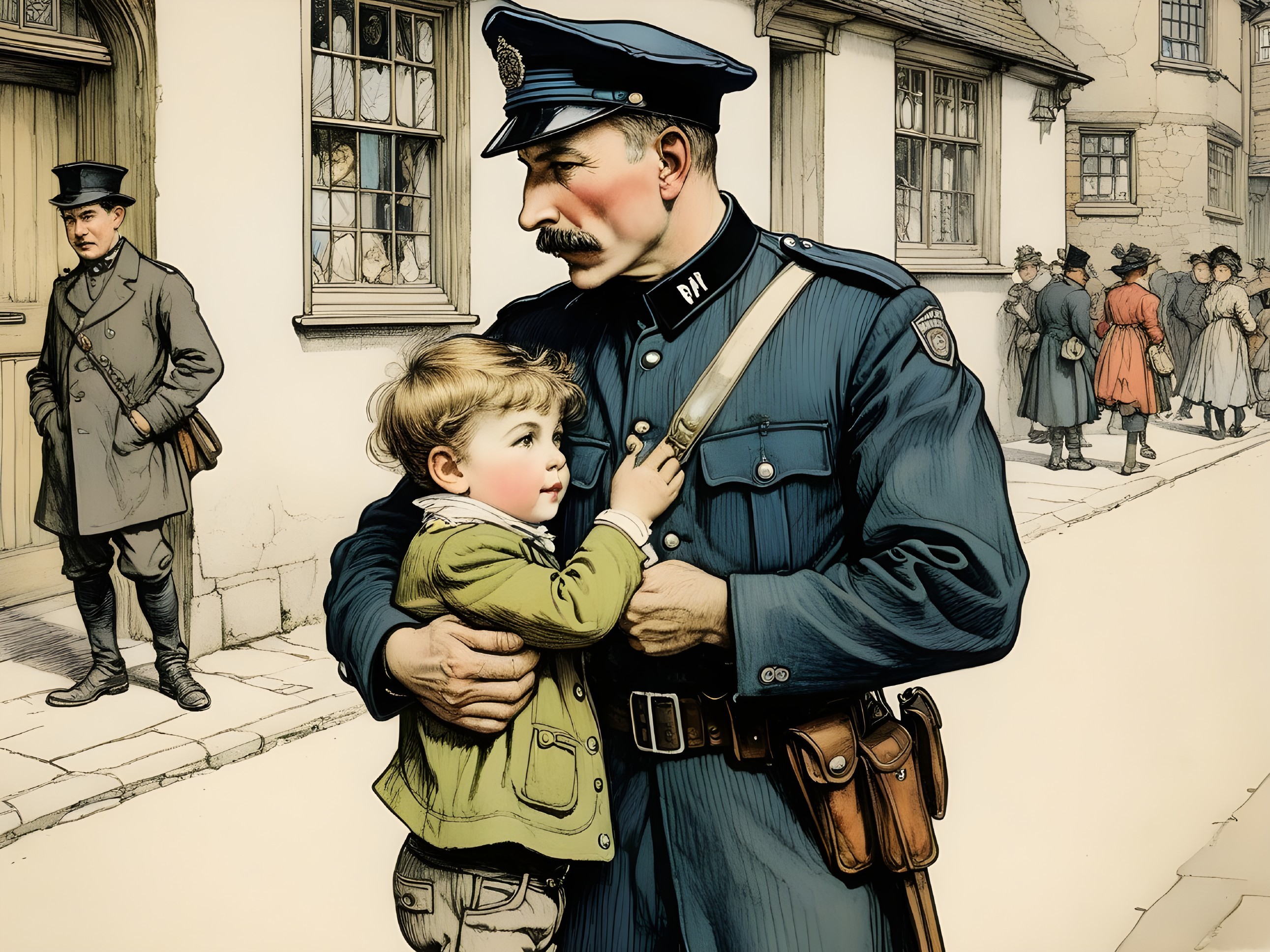 Historic Police Officer with Child in Quaint Street Scene