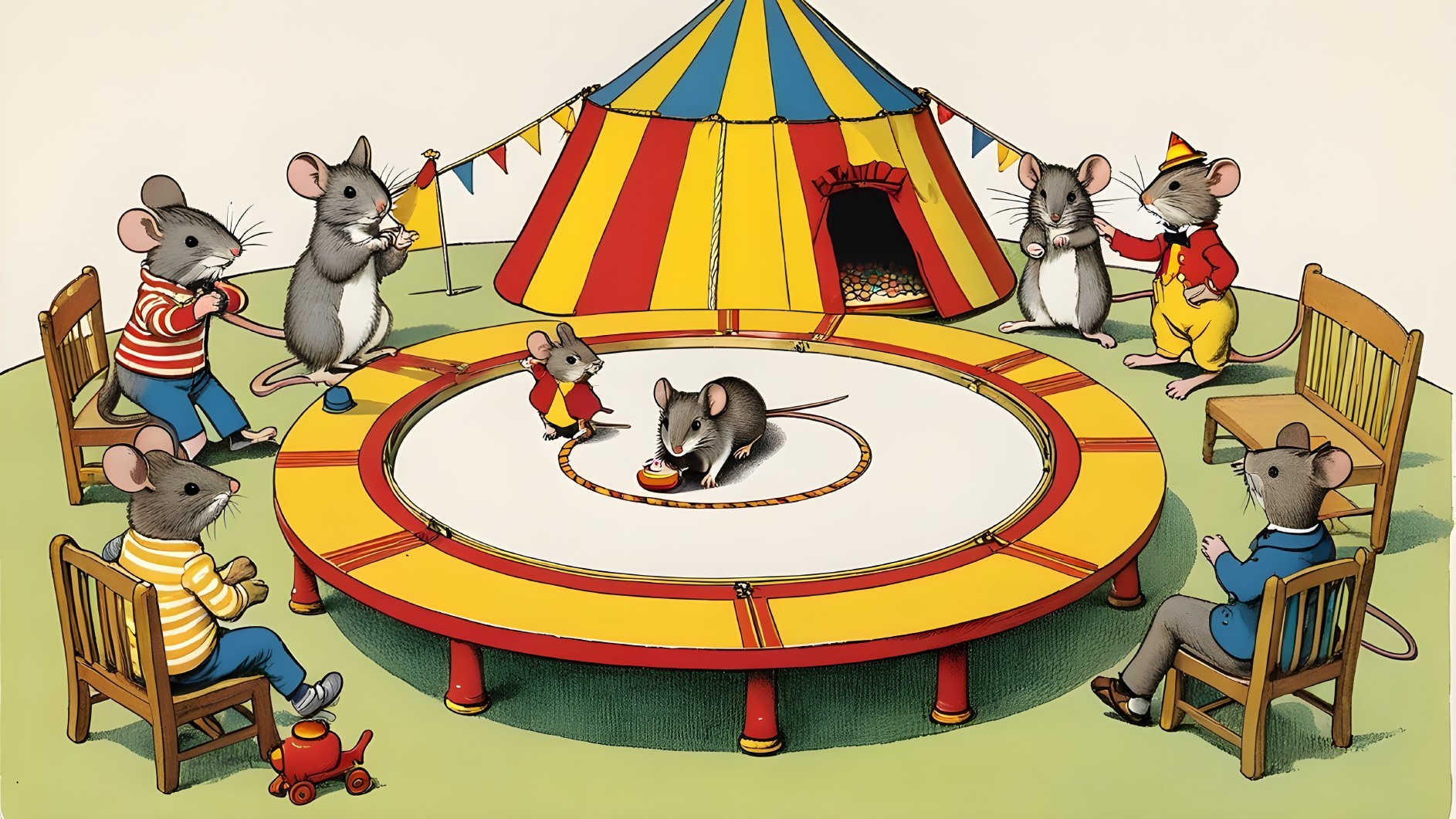 Circus Scene with Performing Mice and Festive Decor
